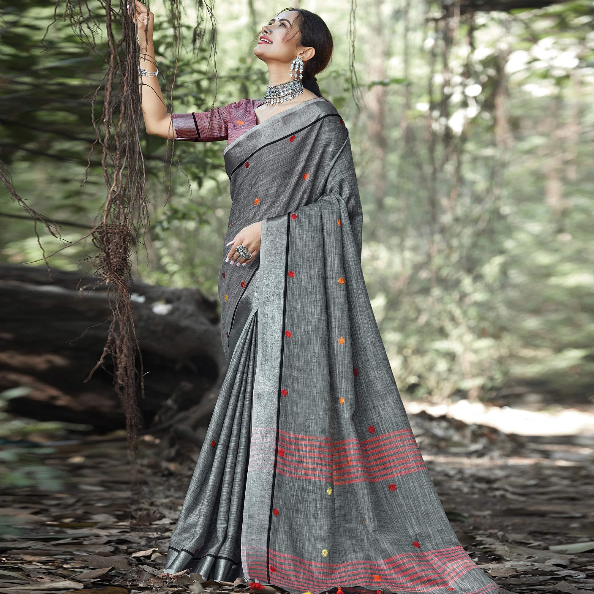 Pleasance Dark Grey Colored Festive Wear Printed Linen Saree - Peachmode