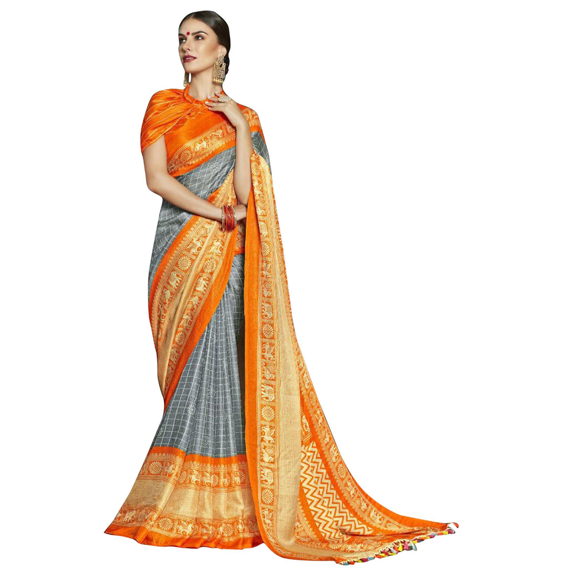 Pleasance Gray-Orange Colored Festive Wear Printed Linen Saree - Peachmode