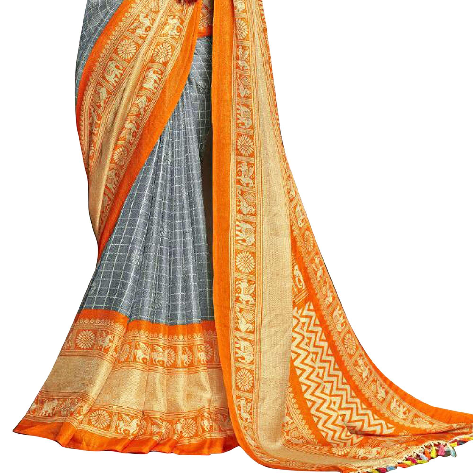 Pleasance Gray-Orange Colored Festive Wear Printed Linen Saree - Peachmode