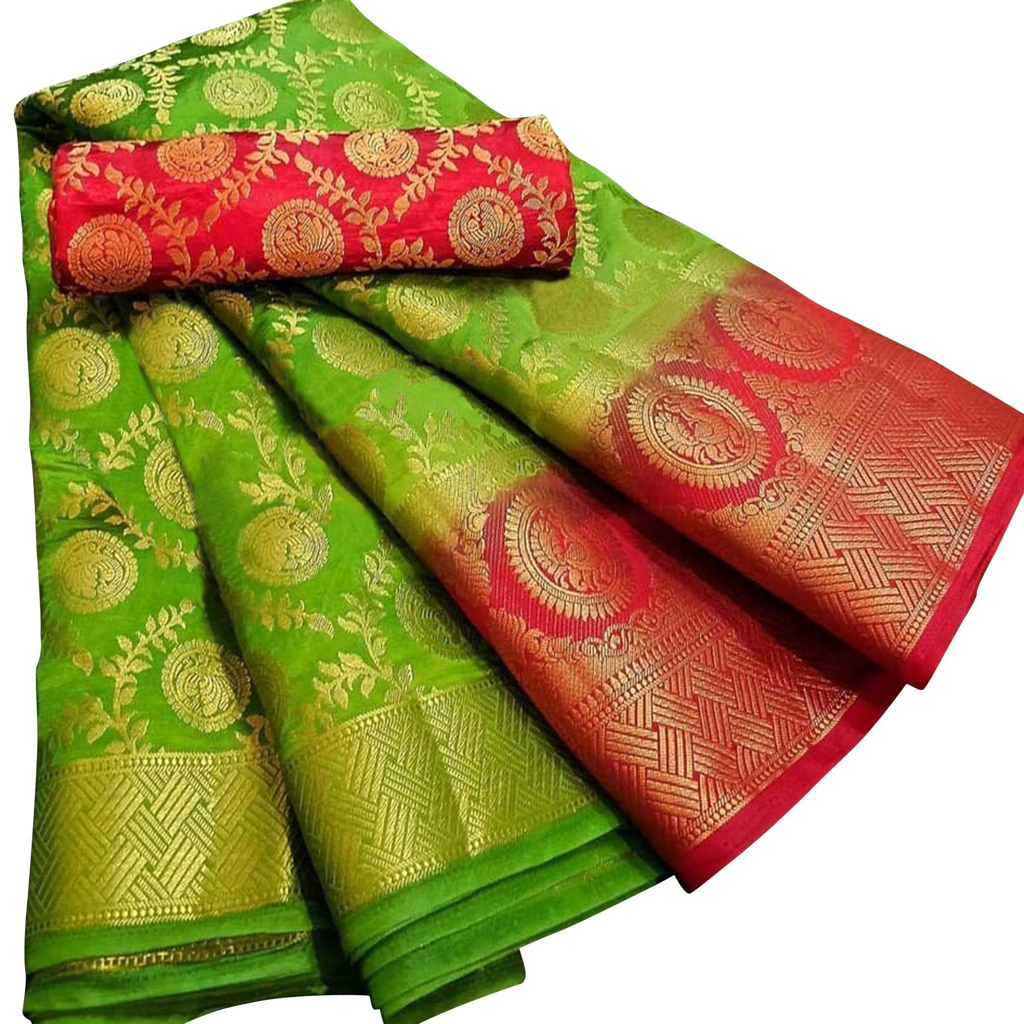 Pleasance Green Colored Festive Wear Woven Silk Blend Saree - Peachmode