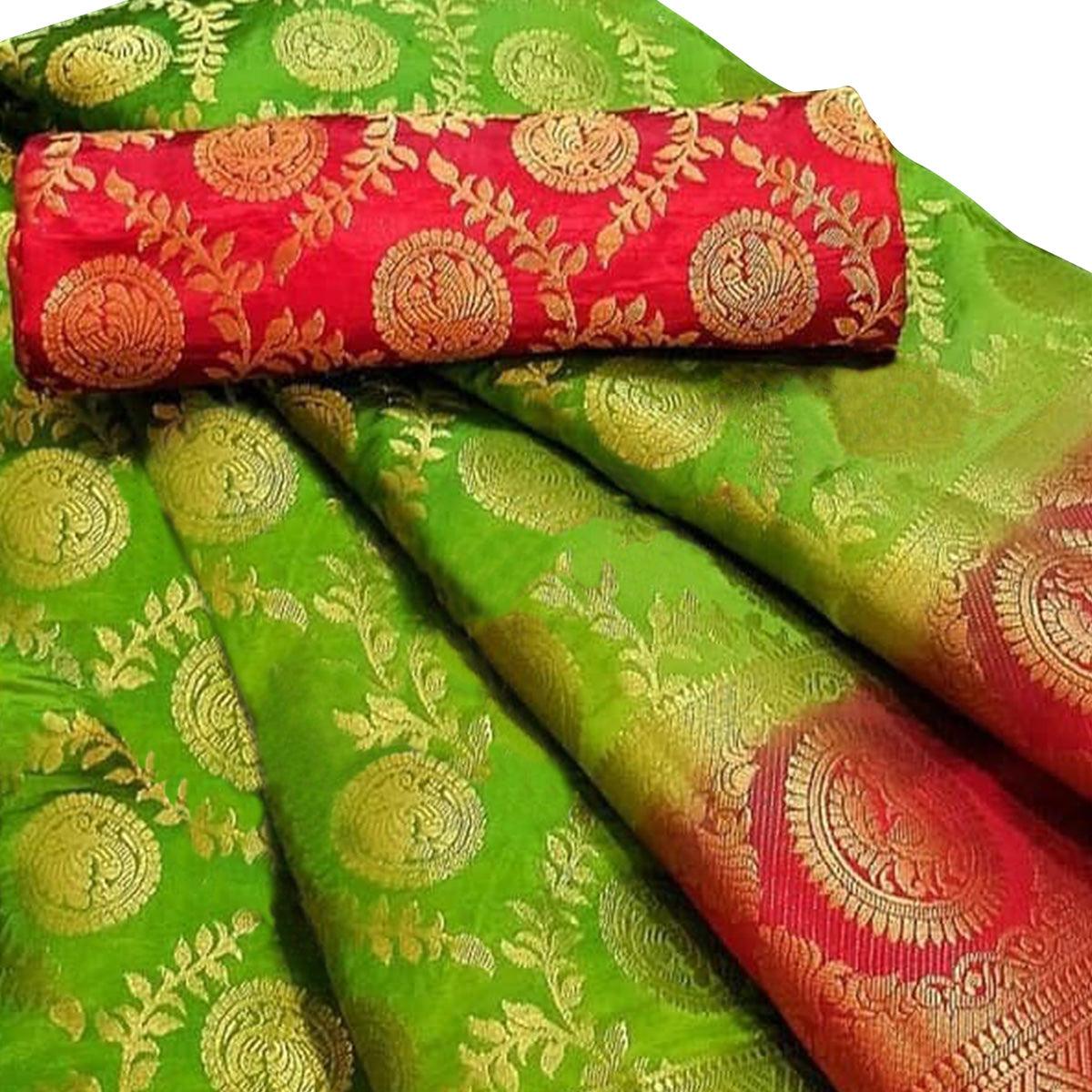 Pleasance Green Colored Festive Wear Woven Silk Blend Saree - Peachmode