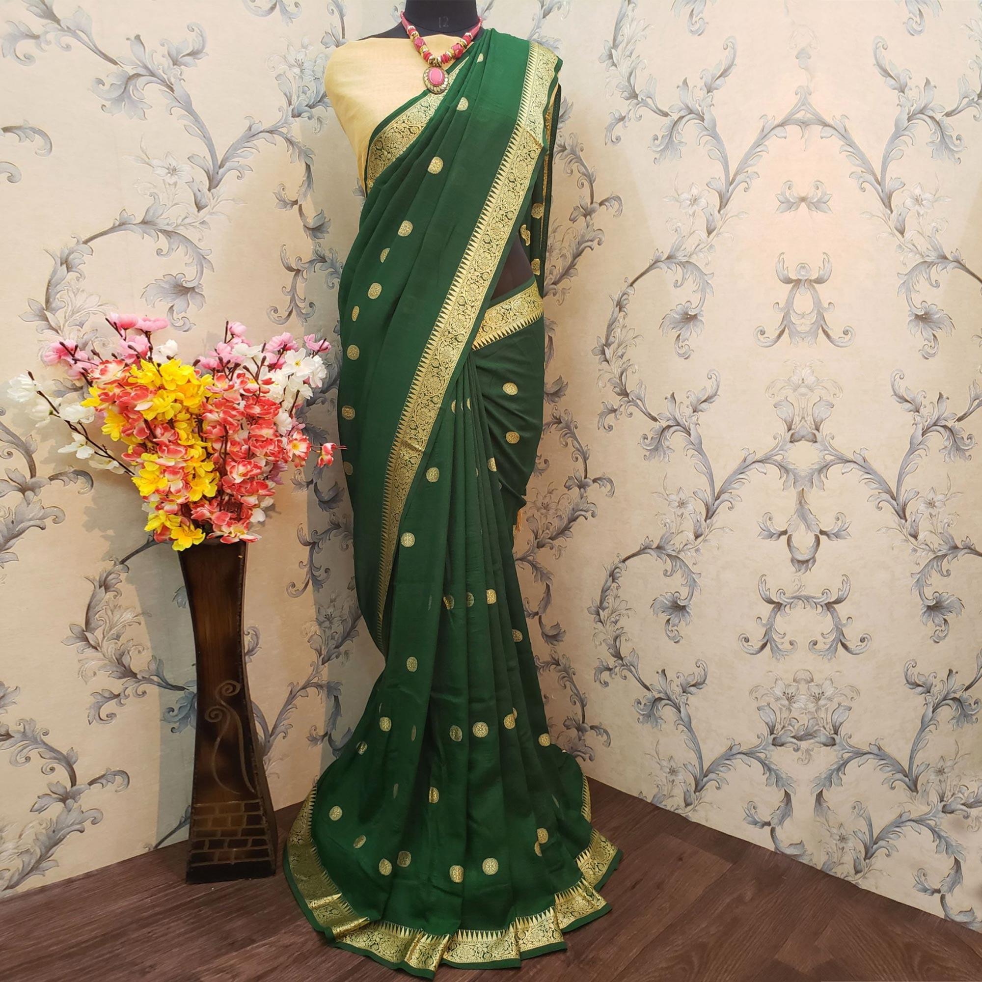 Pleasance Green Colored Festive Wear Woven Vichitra Silk Saree - Peachmode
