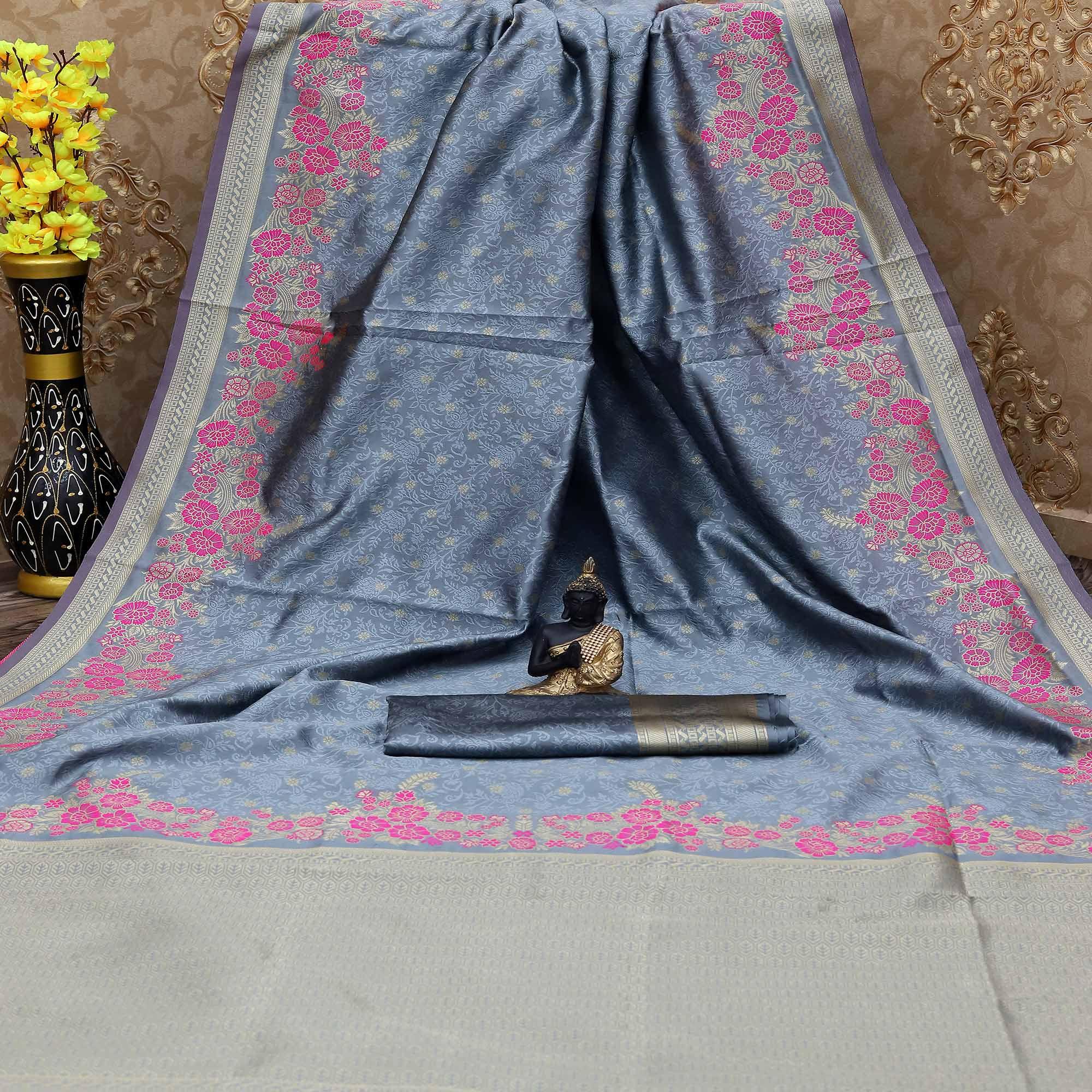 Pleasance Grey Colored Festive Wear Woven Banarasi Art Silk Saree - Peachmode