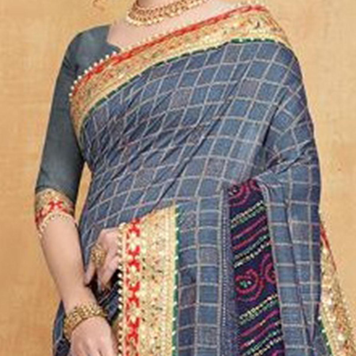 Pleasance Grey Colored Festive Wear Zari Work Vichitra Silk Saree - Peachmode