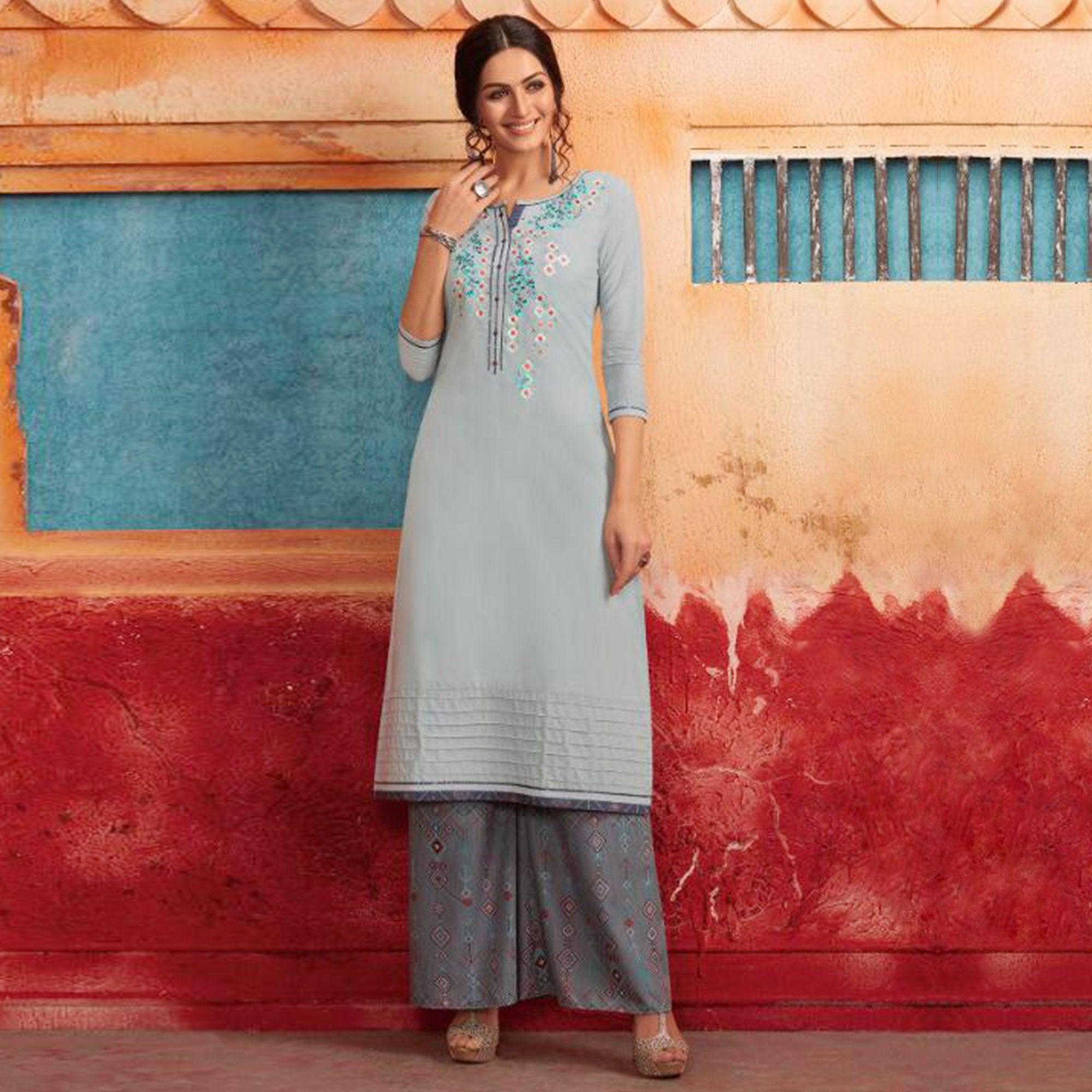 Pleasance Light Blue Colored Partywear Embroidered Pure Muslin-Silk Kurti-Palazzo Set - Peachmode