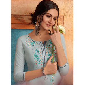 Pleasance Light Blue Colored Partywear Embroidered Pure Muslin-Silk Kurti-Palazzo Set - Peachmode