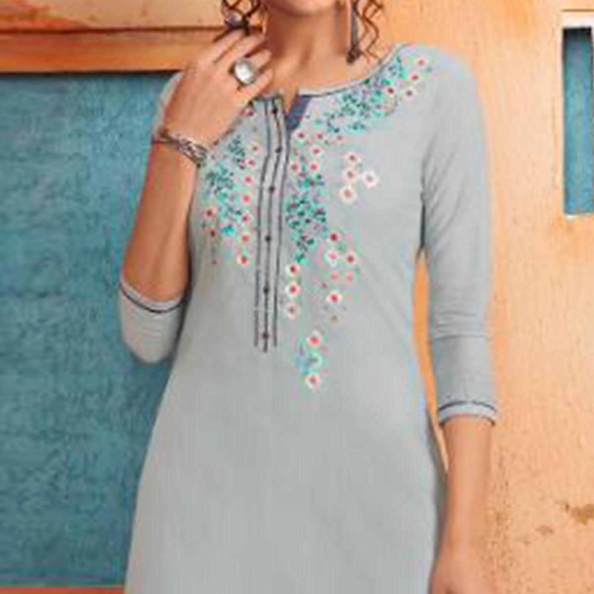 Pleasance Light Blue Colored Partywear Embroidered Pure Muslin-Silk Kurti-Palazzo Set - Peachmode