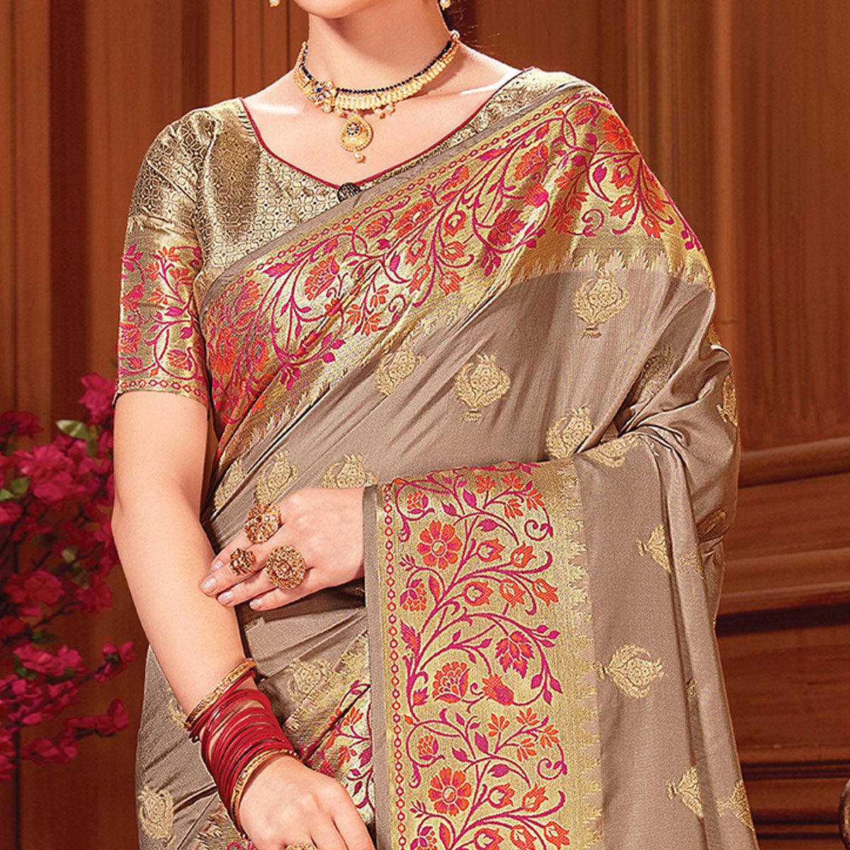 Pleasance Light Brown Colored Festive Wear Woven Silk Saree - Peachmode