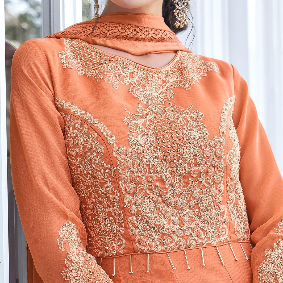 Pleasance Light Orange Colored Partywear Embroidered Georgette Anarkali Suit - Peachmode