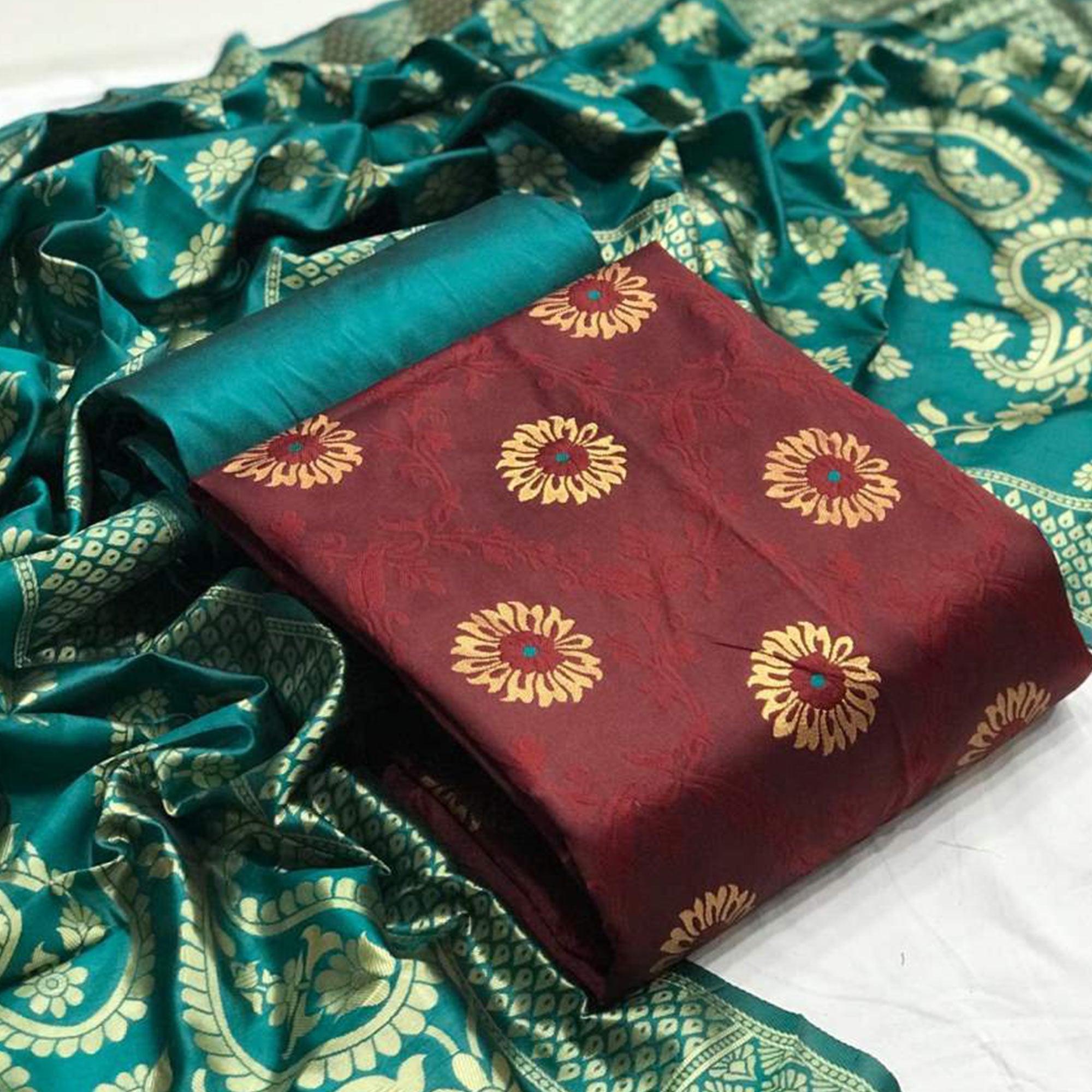 Pleasance Maroon Colored Casual Wear Banarasi Silk Dress Material - Peachmode