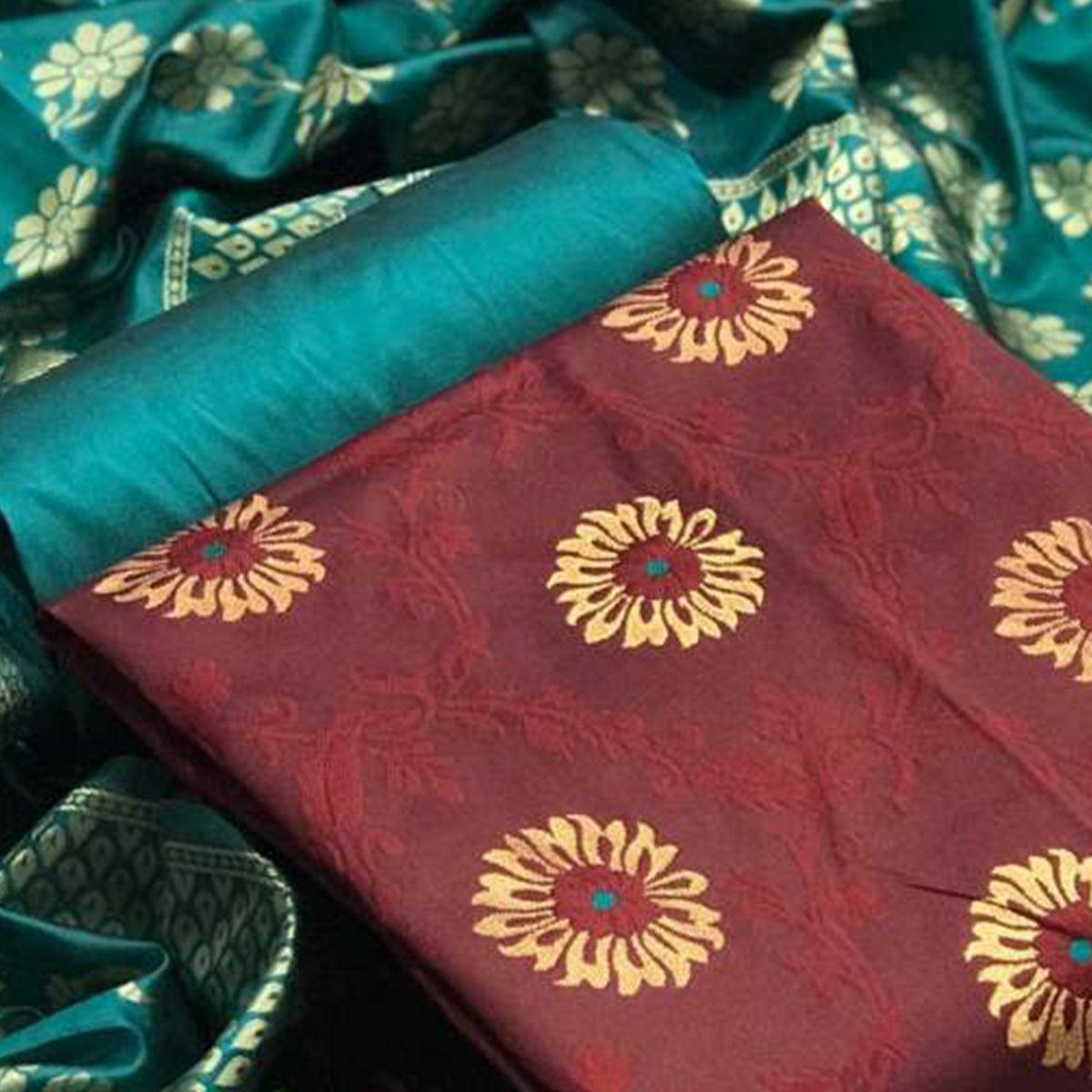 Pleasance Maroon Colored Casual Wear Banarasi Silk Dress Material - Peachmode