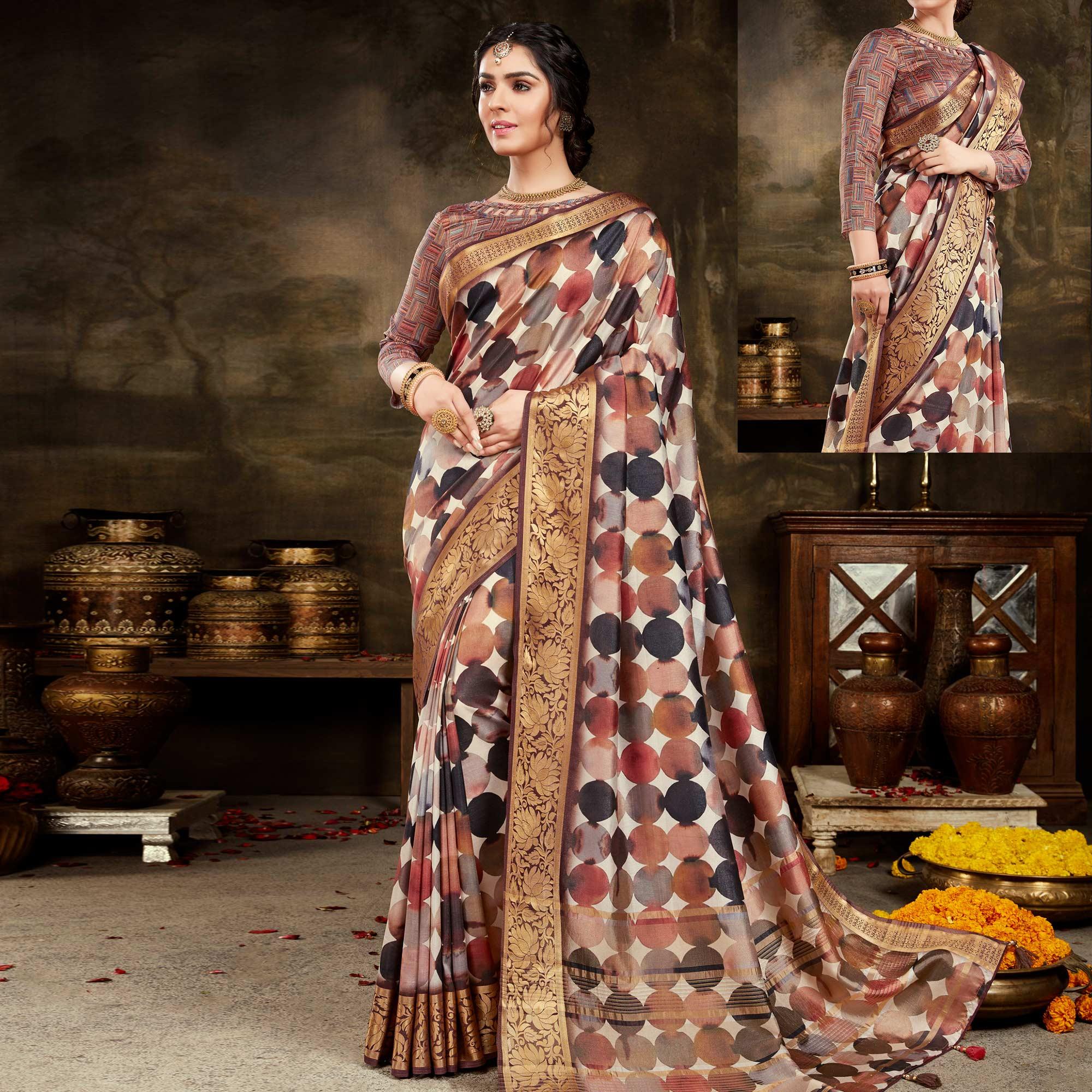 Pleasance Multi Colored Festive Wear Woven Silk Saree - Peachmode