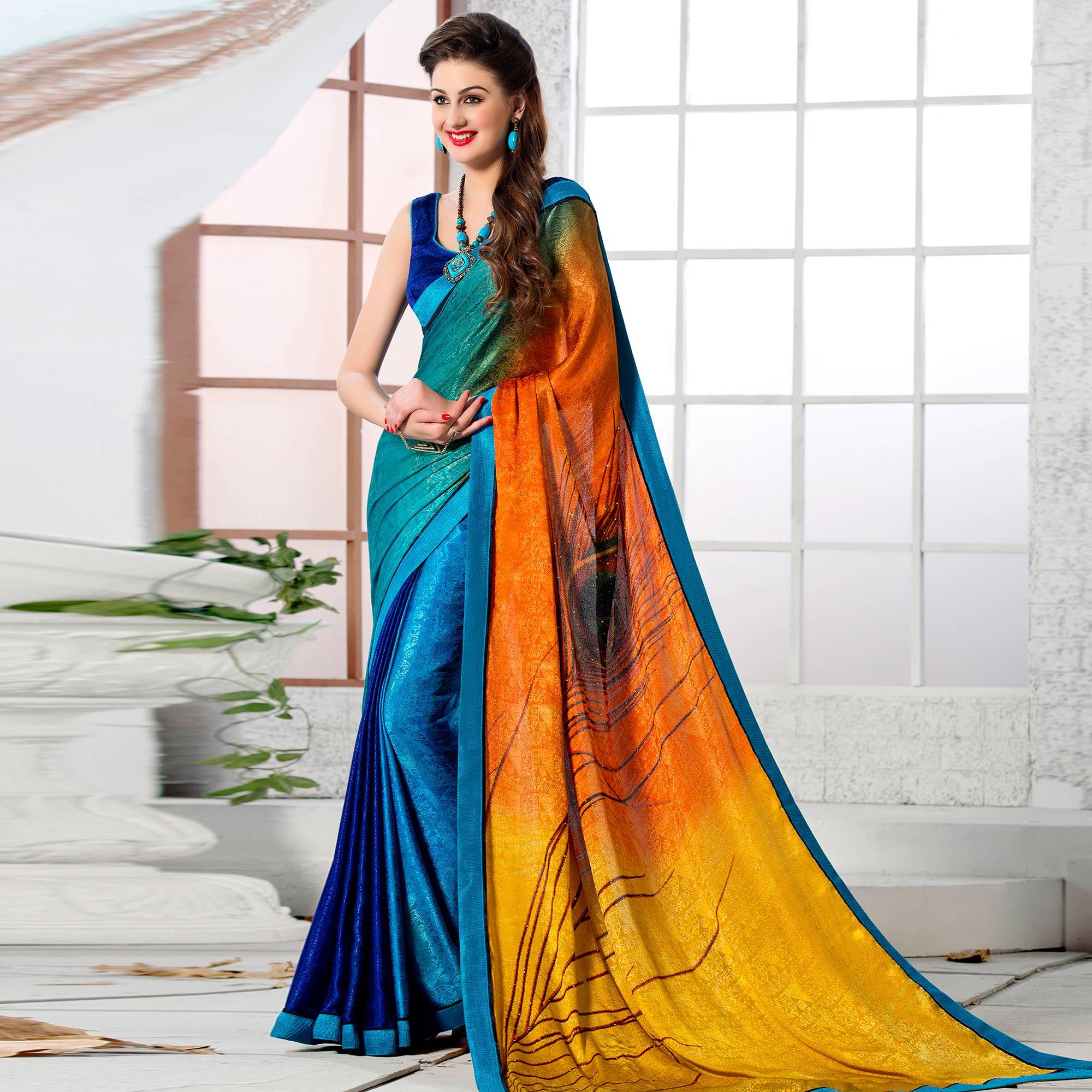 Pleasance Multi Colored Party Wear Printed Silk Crepe Saree - Peachmode