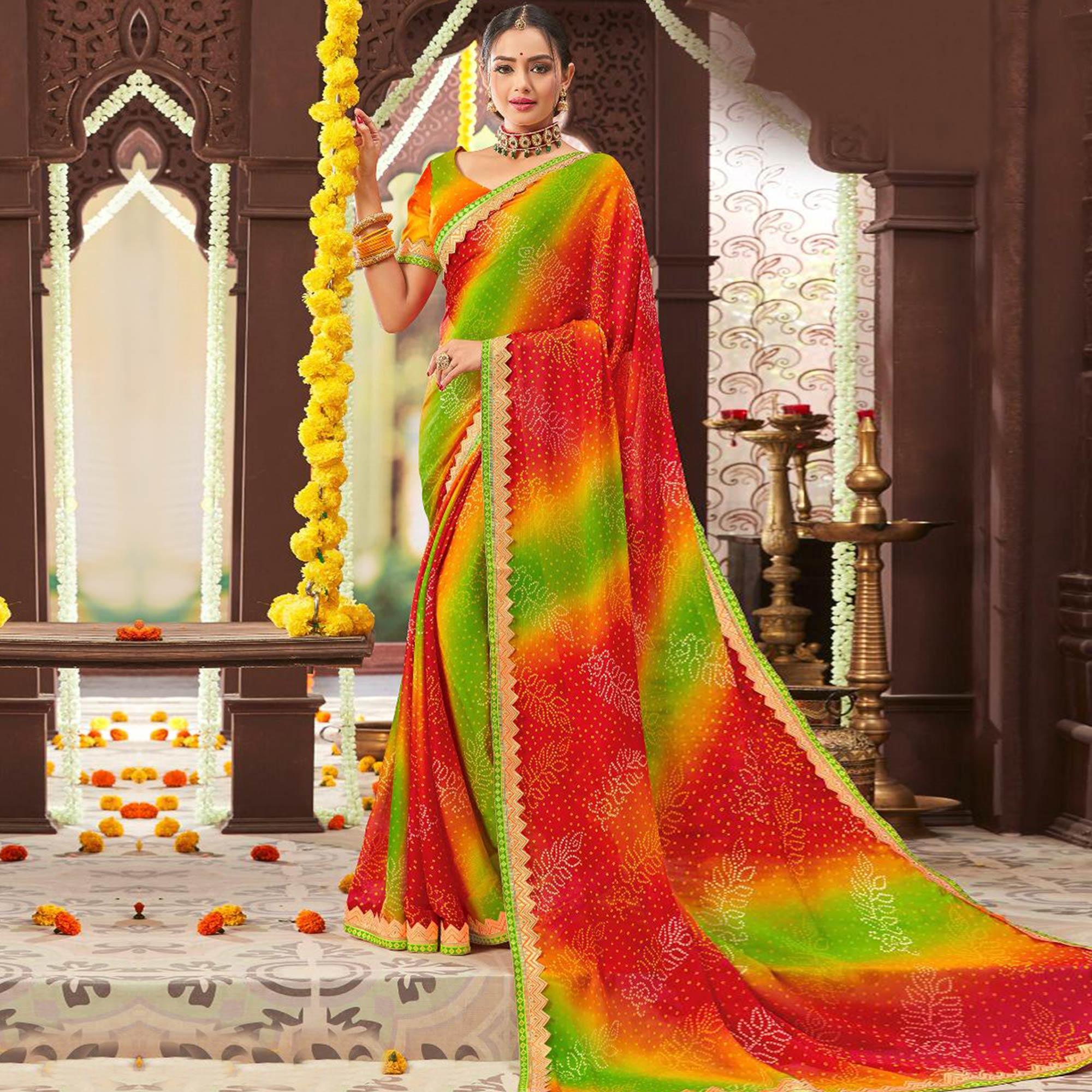 Pleasance Multi Colored Partywear Bandhani Printed Chiffon Saree - Peachmode