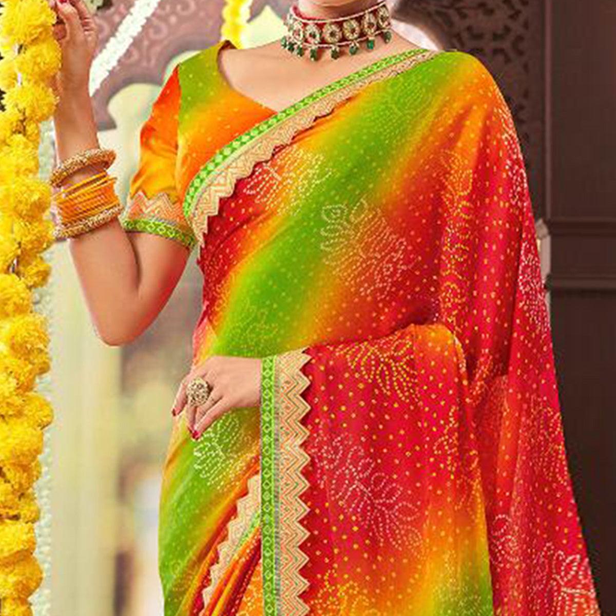 Pleasance Multi Colored Partywear Bandhani Printed Chiffon Saree - Peachmode