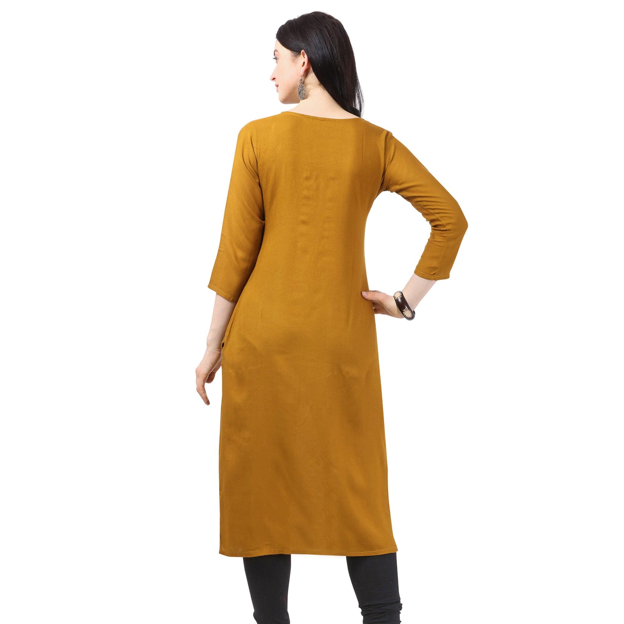 Pleasance Mustard Yellow Colored Partywear Embellished Rayon Kurti - Peachmode