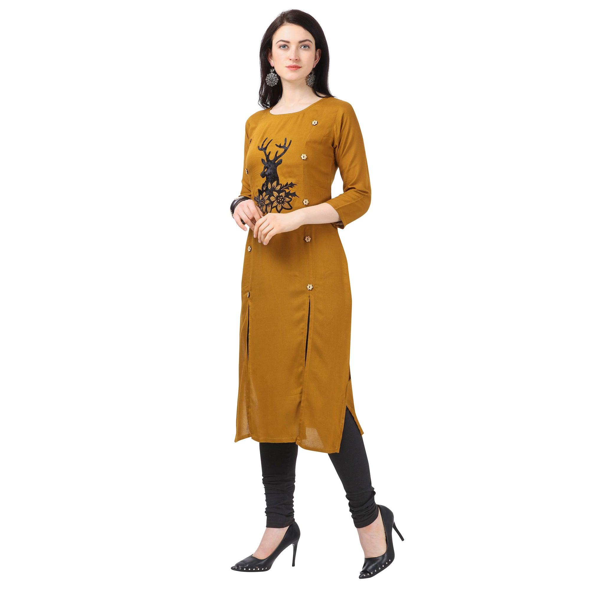 Pleasance Mustard Yellow Colored Partywear Embellished Rayon Kurti - Peachmode