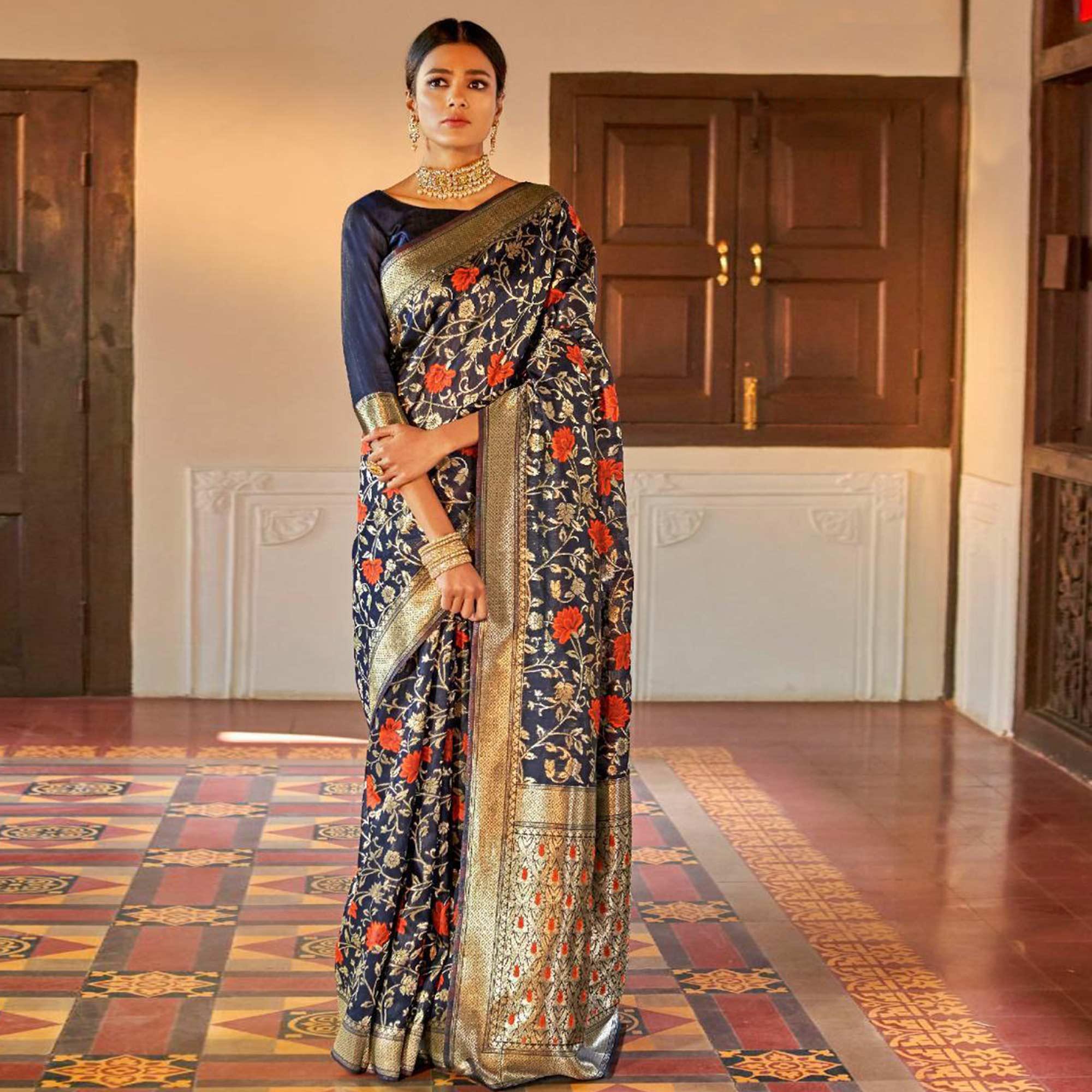 Pleasance Navy Blue Colored Festive Wear Woven Silk Saree - Peachmode
