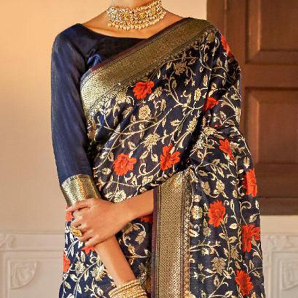 Pleasance Navy Blue Colored Festive Wear Woven Silk Saree - Peachmode