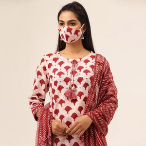 Pleasance Offwhite - Red Colored Casual Wear Printed Cotton Kurti - Palazzo Set With Dupatta - Peachmode