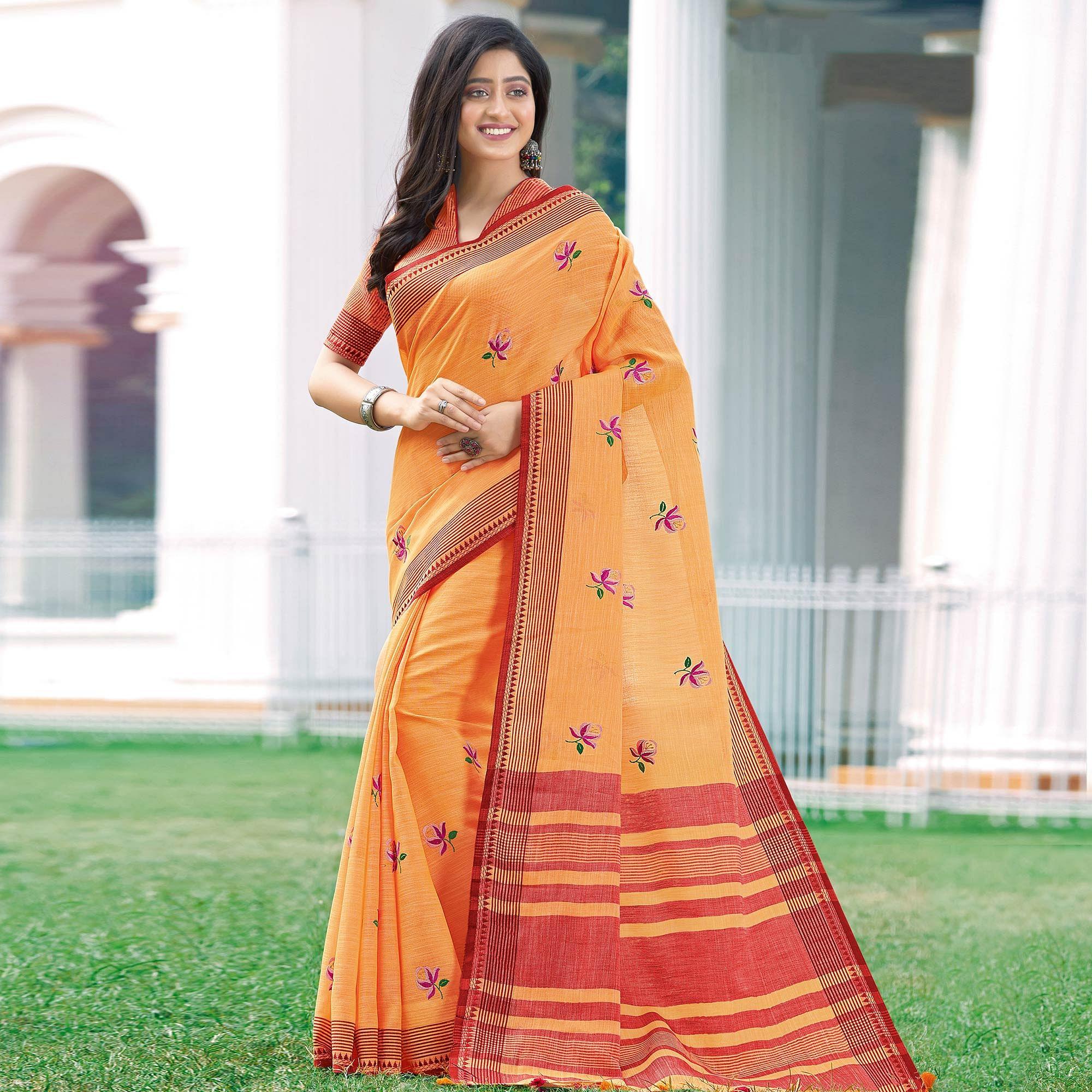 Pleasance Orange Colored Casual Wear Printed Linen Cotton Saree - Peachmode