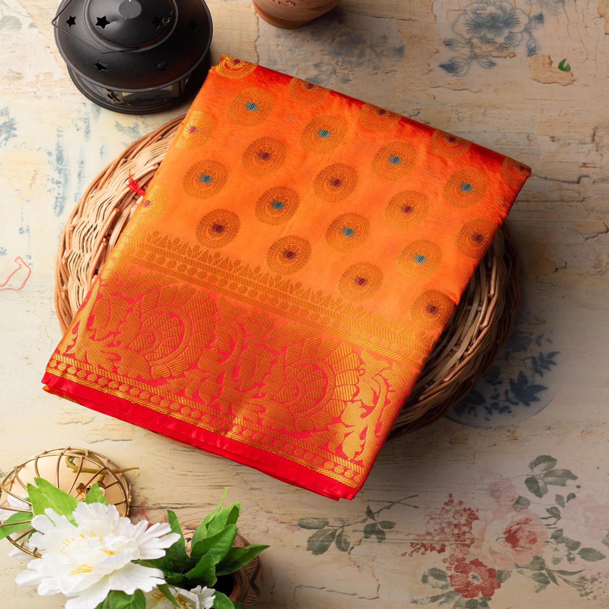 Pleasance Orange Colored Festive Wear Woven Art Silk Saree - Peachmode