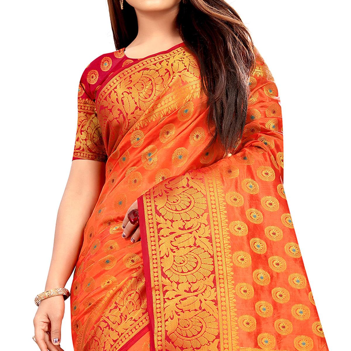 Pleasance Orange Colored Festive Wear Woven Art Silk Saree - Peachmode