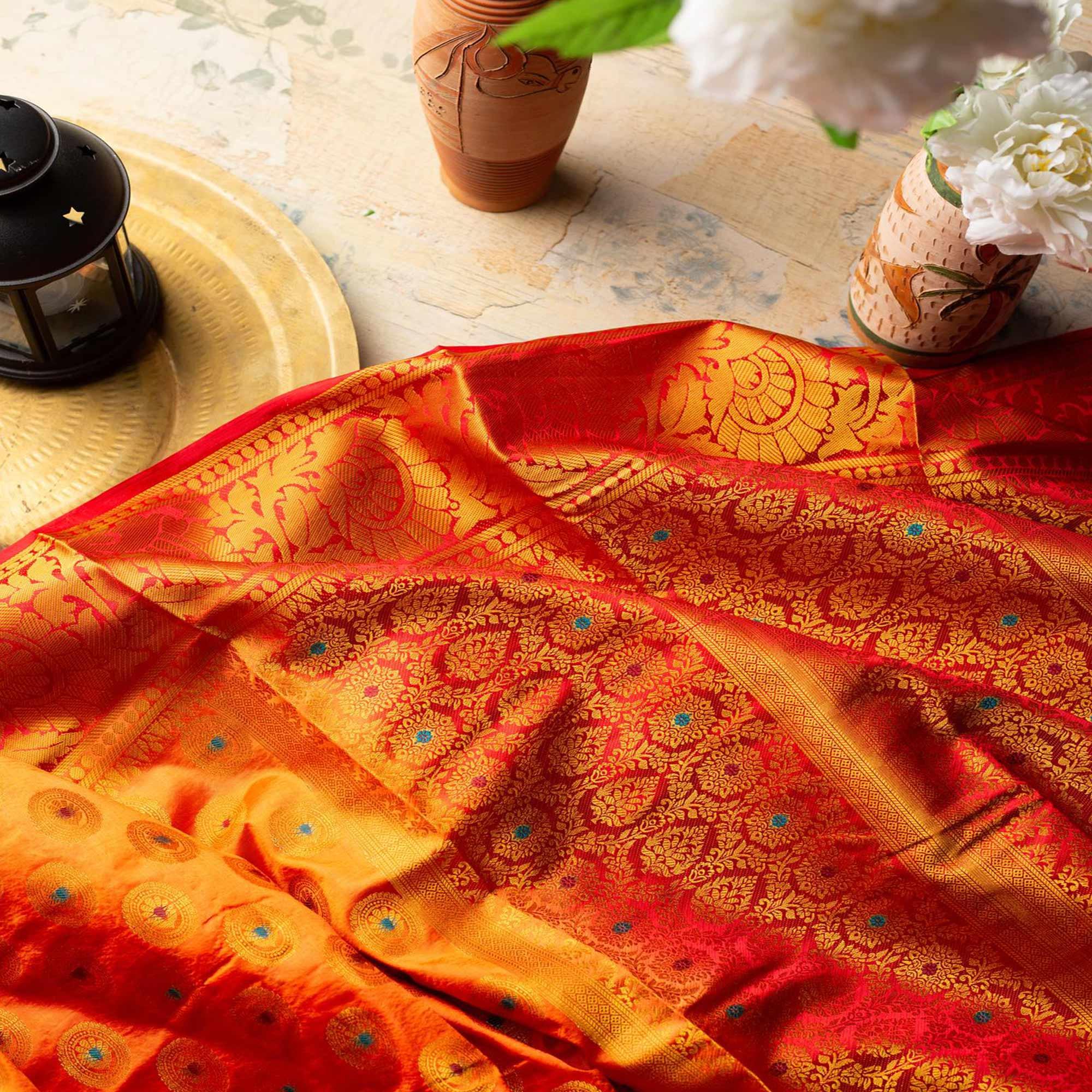 Pleasance Orange Colored Festive Wear Woven Art Silk Saree - Peachmode