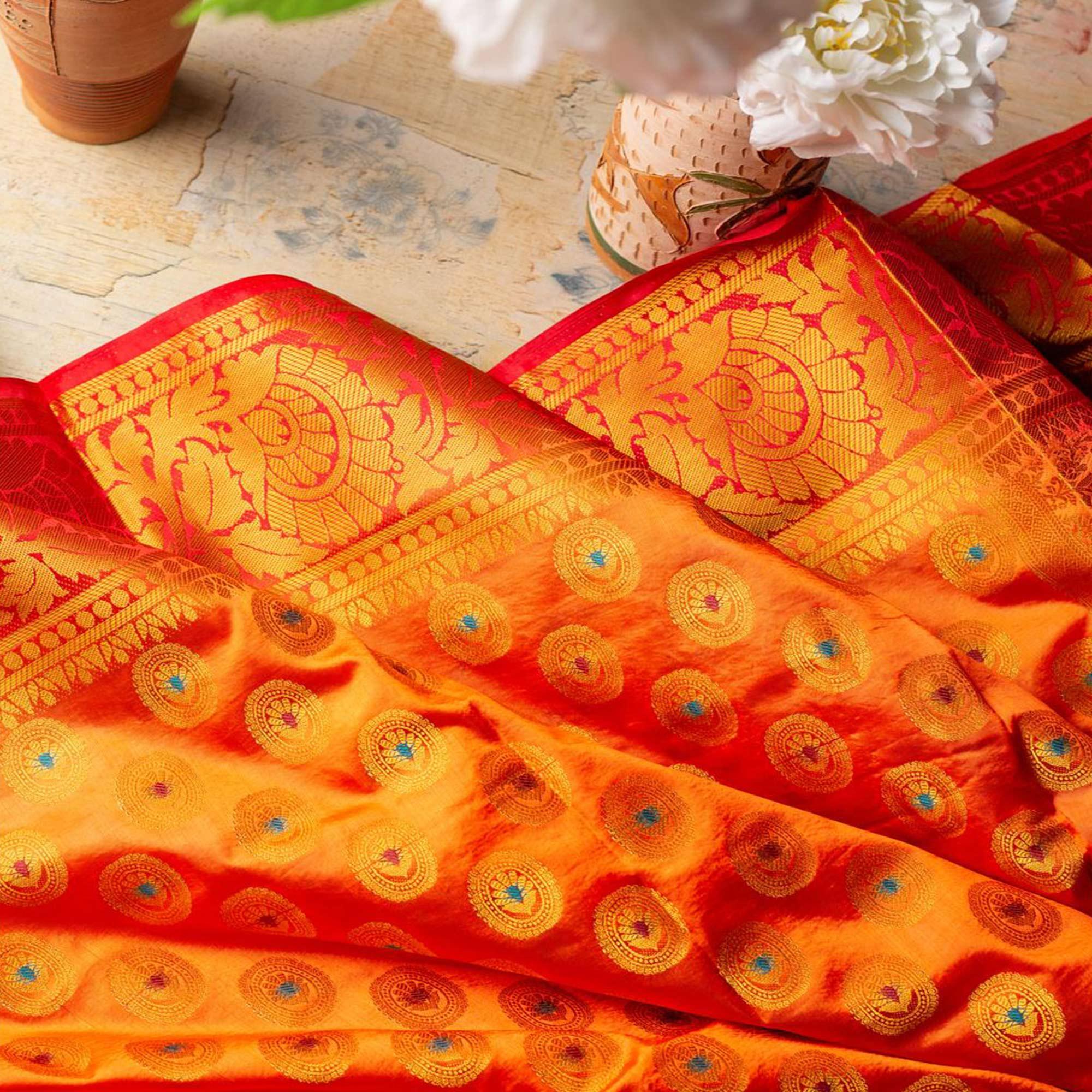 Pleasance Orange Colored Festive Wear Woven Art Silk Saree - Peachmode