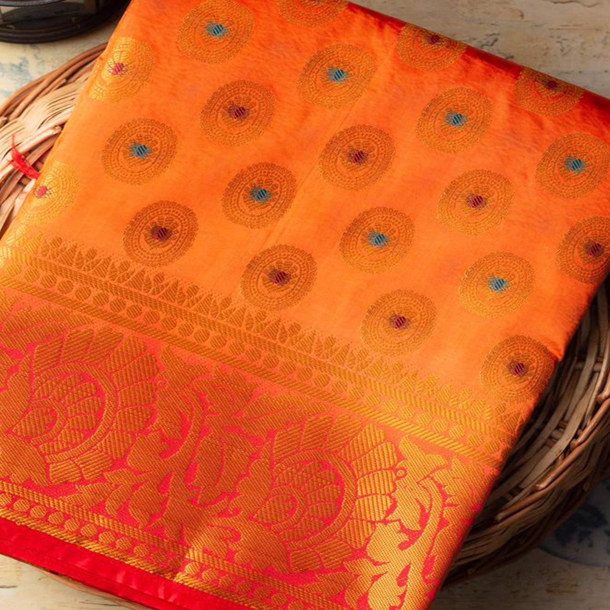 Pleasance Orange Colored Festive Wear Woven Art Silk Saree - Peachmode