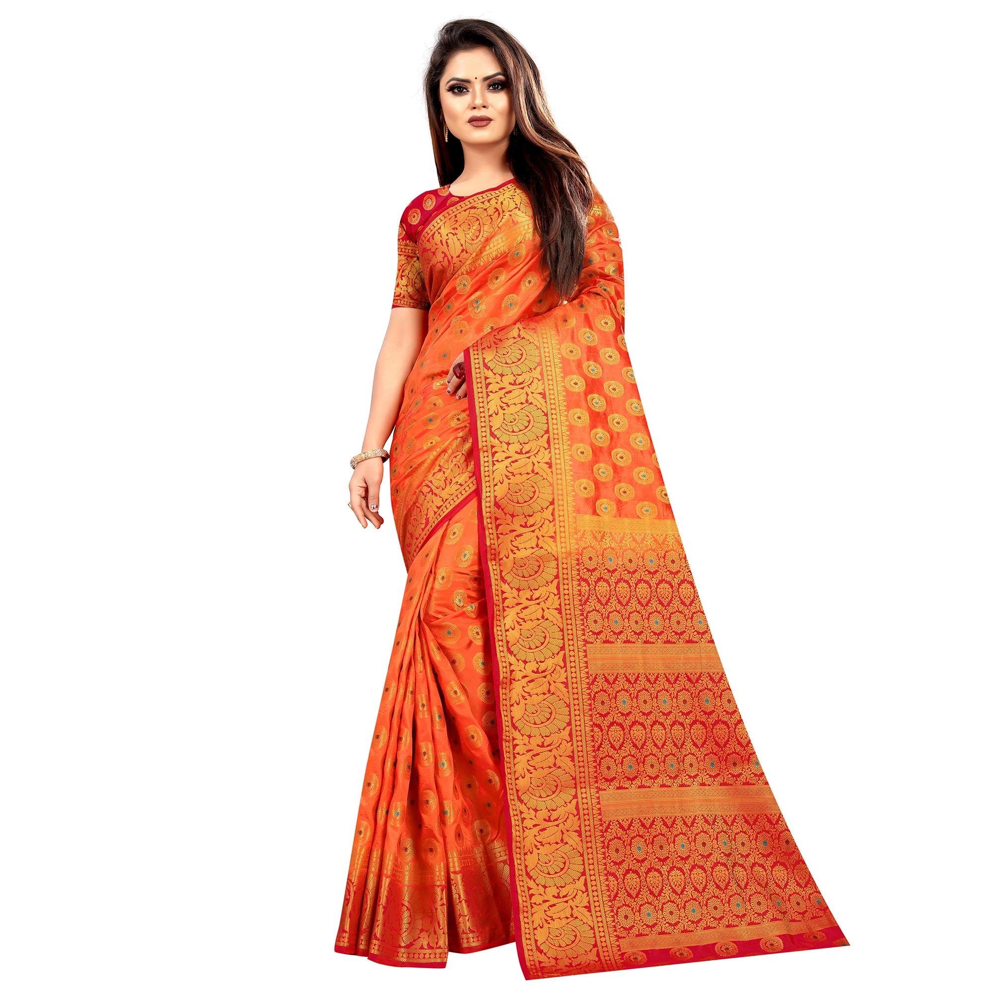 Pleasance Orange Colored Festive Wear Woven Art Silk Saree - Peachmode