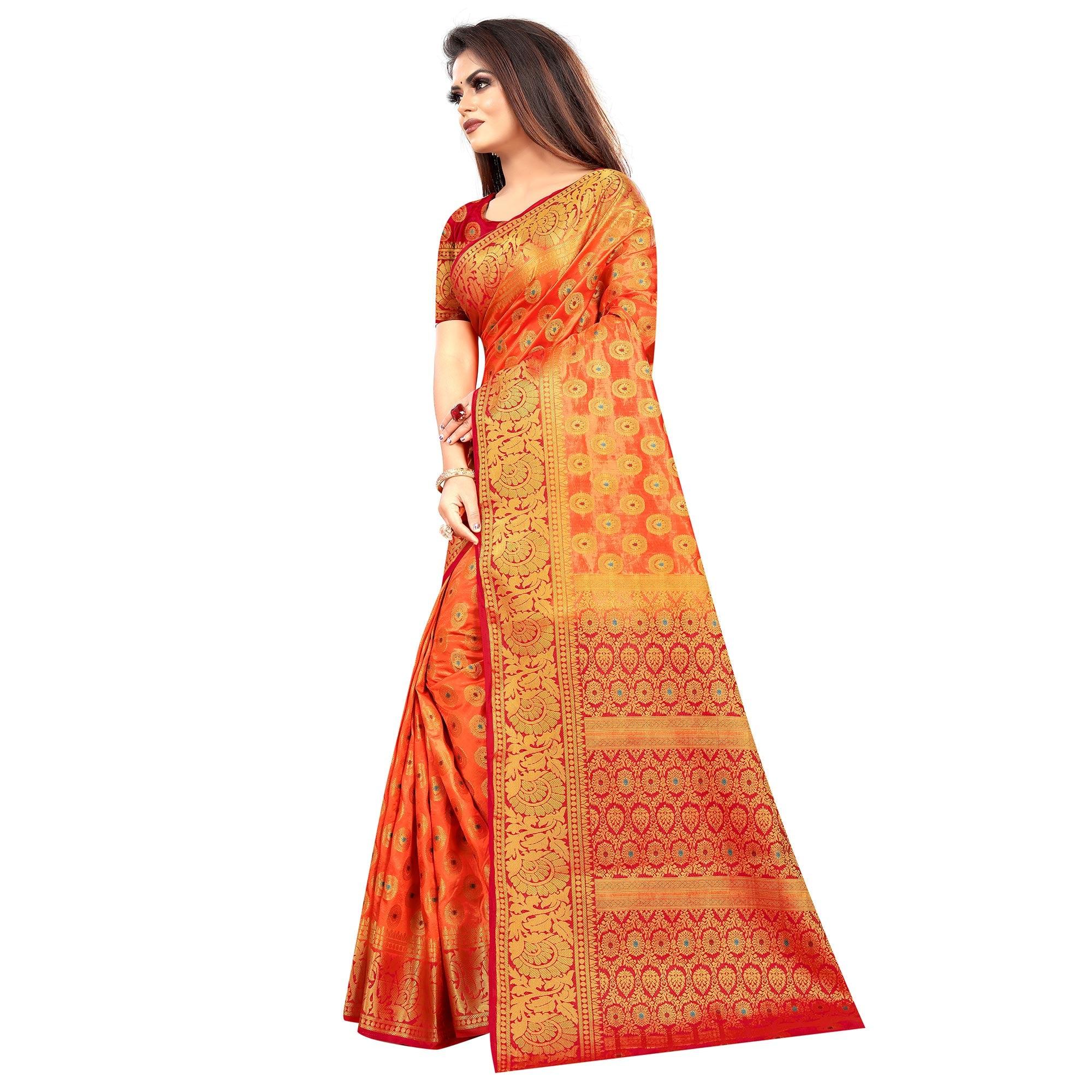 Pleasance Orange Colored Festive Wear Woven Art Silk Saree - Peachmode