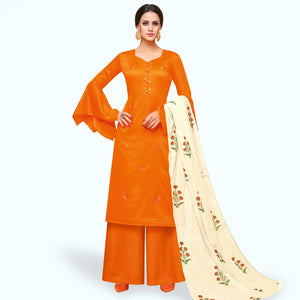 Pleasance Orange Colored Partywear Embroidered Pure Cotton Palazzo Suit - Peachmode