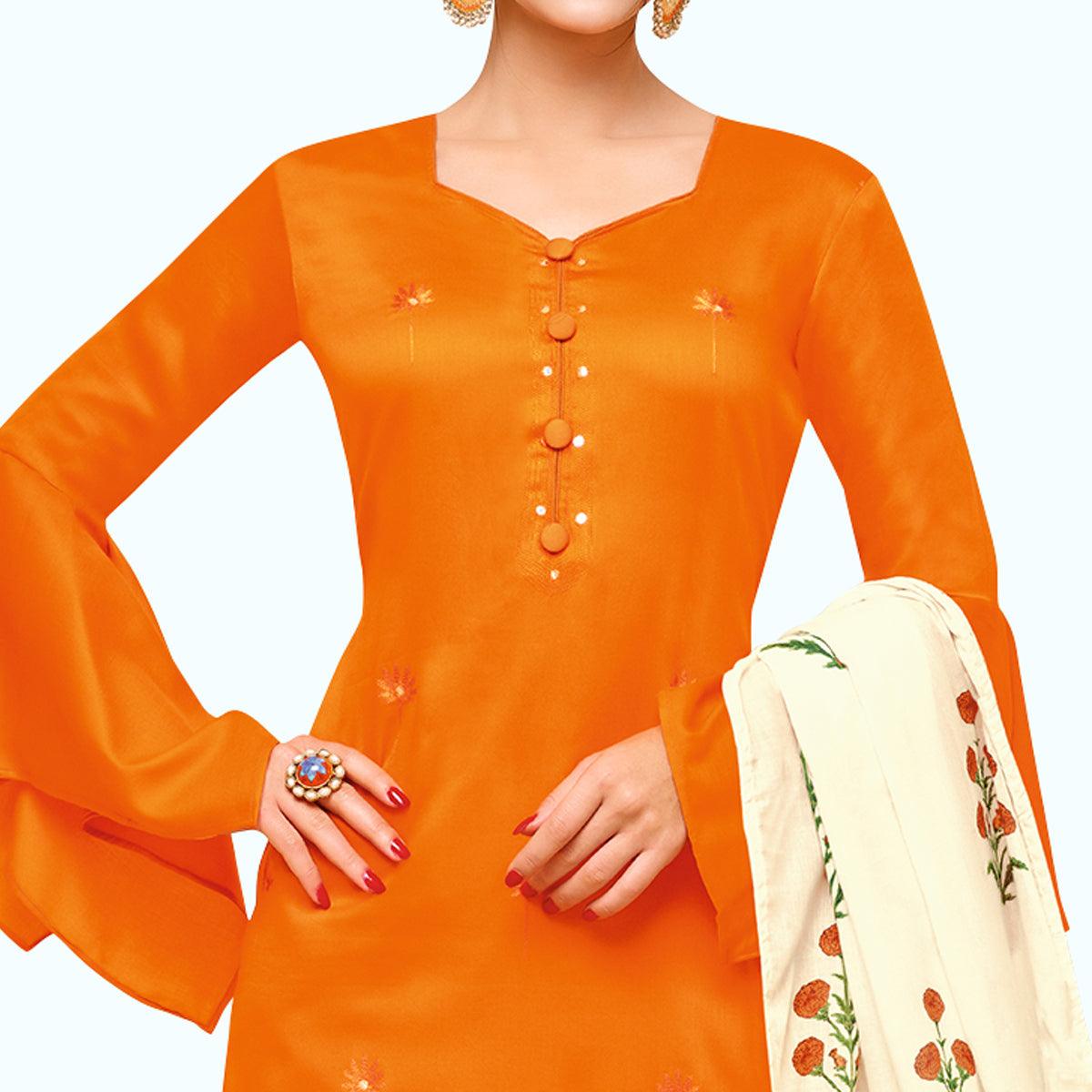 Pleasance Orange Colored Partywear Embroidered Pure Cotton Palazzo Suit - Peachmode