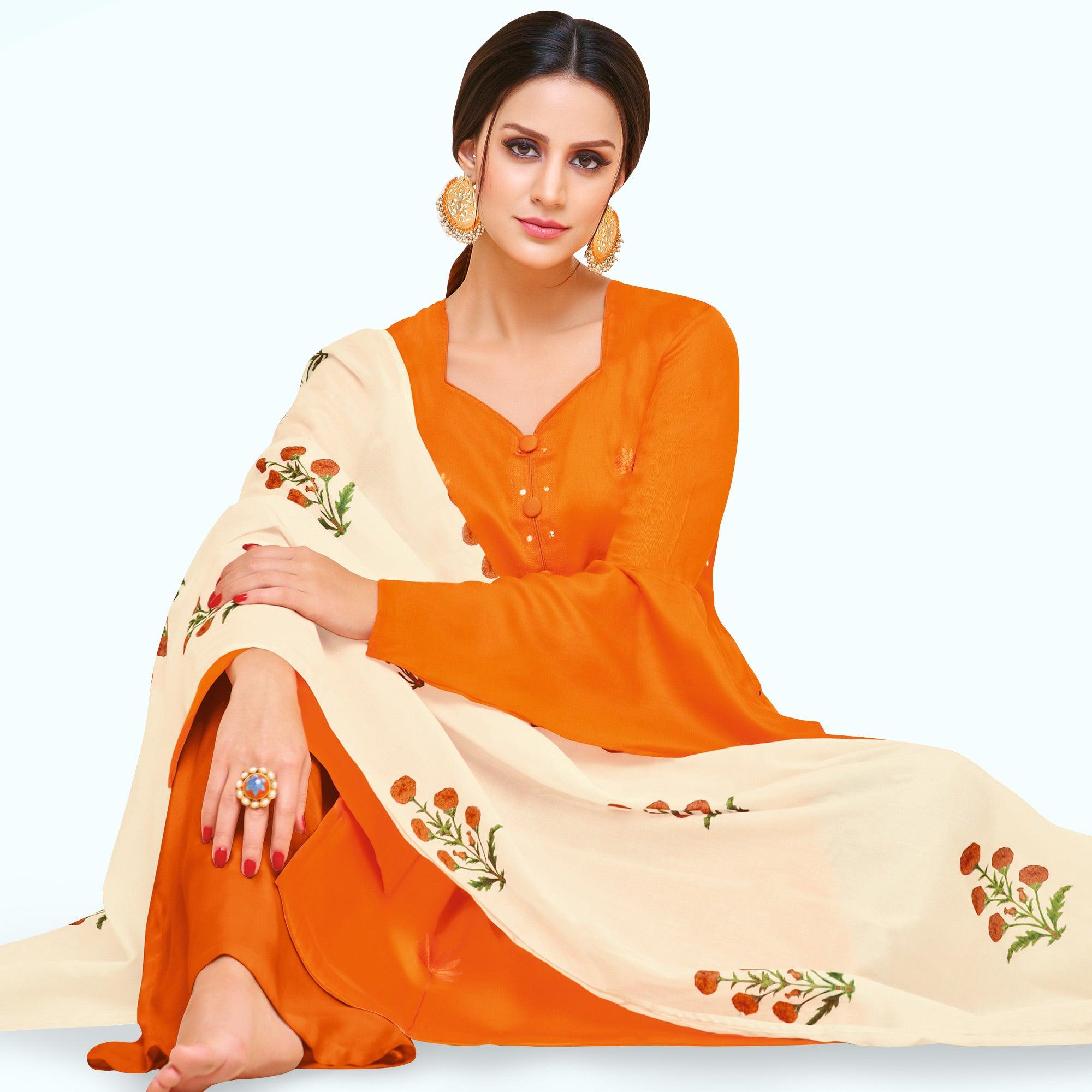 Pleasance Orange Colored Partywear Embroidered Pure Cotton Palazzo Suit - Peachmode