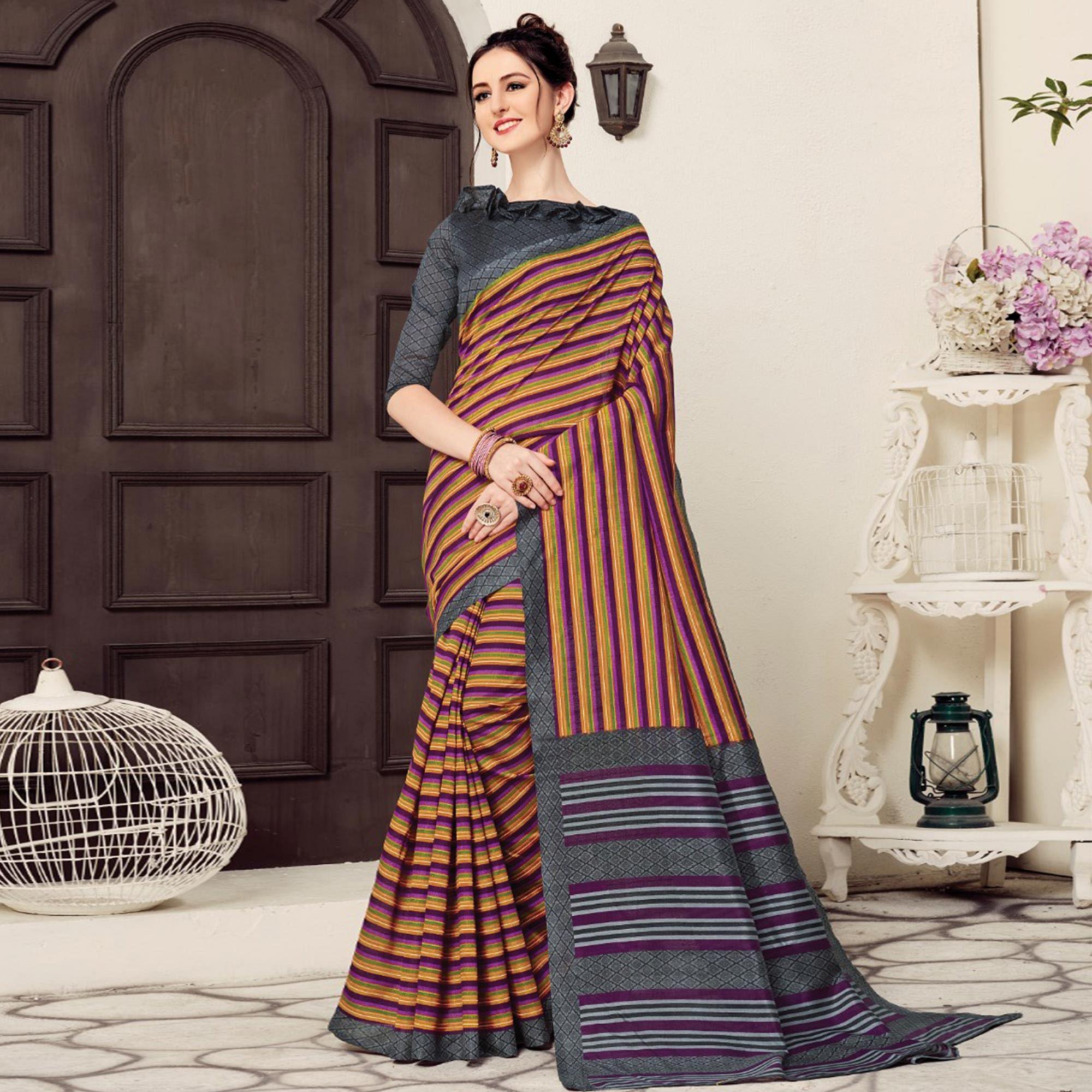 Pleasance Orange-Purple Colored Casual Printed Bhagalpuri Silk Saree - Peachmode