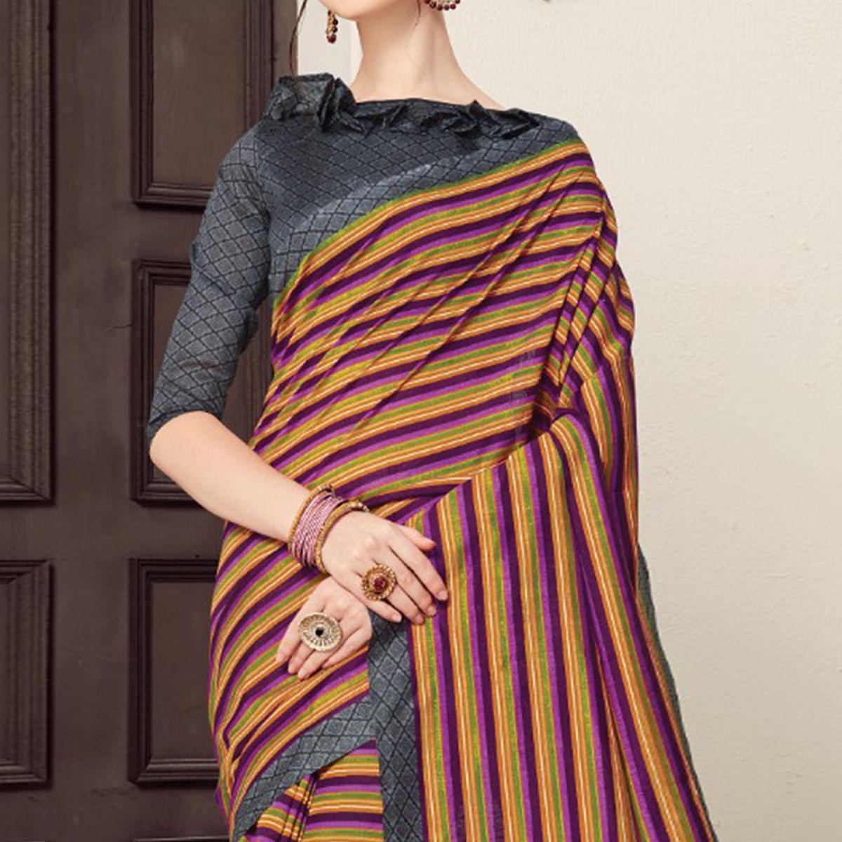 Pleasance Orange-Purple Colored Casual Printed Bhagalpuri Silk Saree - Peachmode