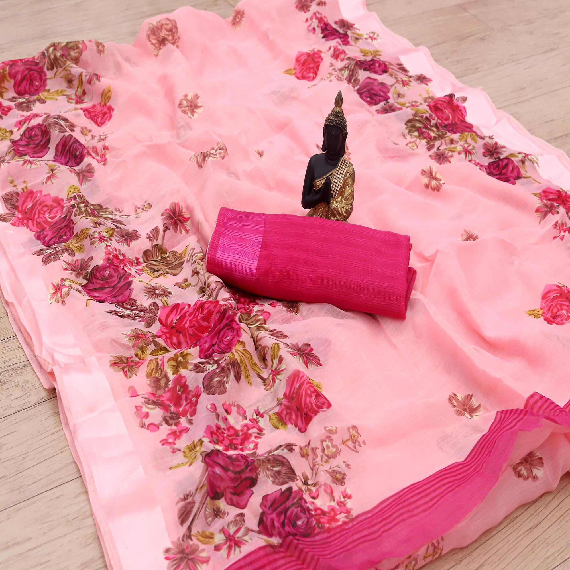 Pleasance Peach Colored Casual Wear Floral Printed Cotton Blend Saree - Peachmode