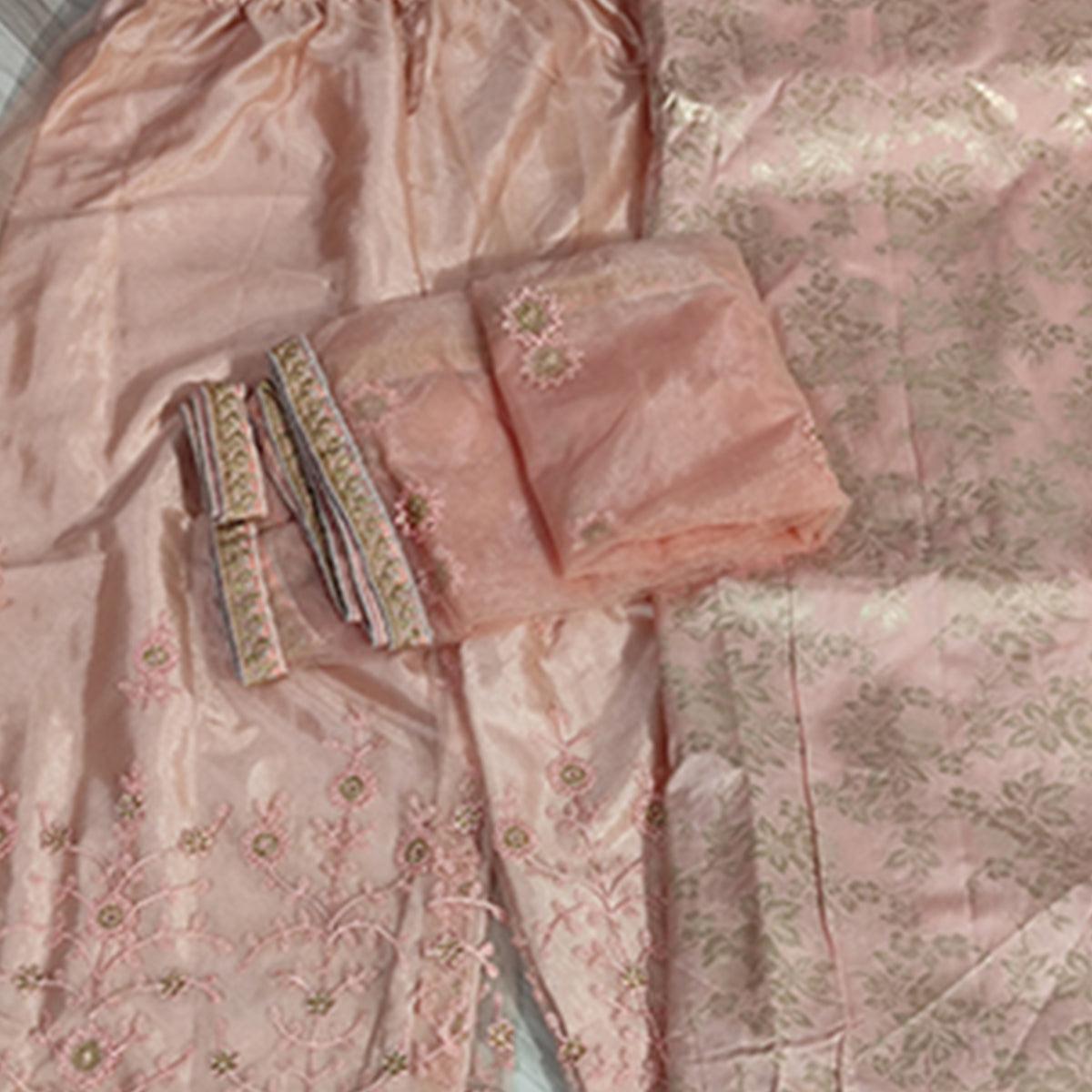 Pleasance Peach Colored designer Partywear Embroidered Dola Jacquard Palazzo Suit - Peachmode