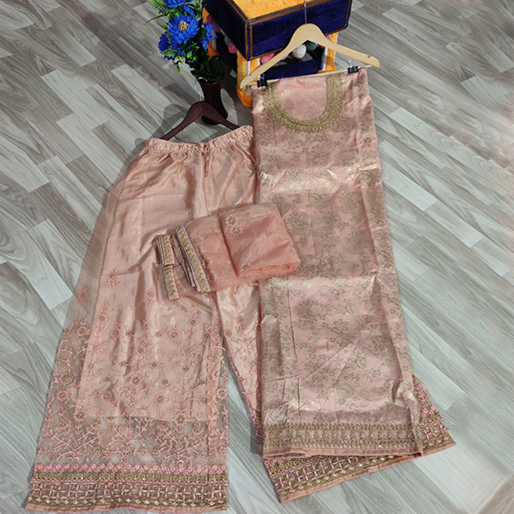 Pleasance Peach Colored designer Partywear Embroidered Dola Jacquard Palazzo Suit - Peachmode