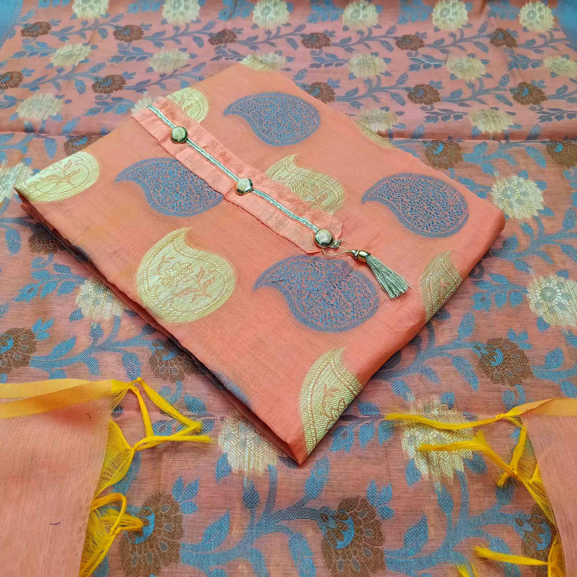 Pleasance Peach Colored Festive Wear Woven Heavy Banarasi Silk Dress Material - Peachmode