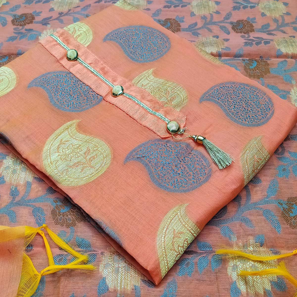 Pleasance Peach Colored Festive Wear Woven Heavy Banarasi Silk Dress Material - Peachmode