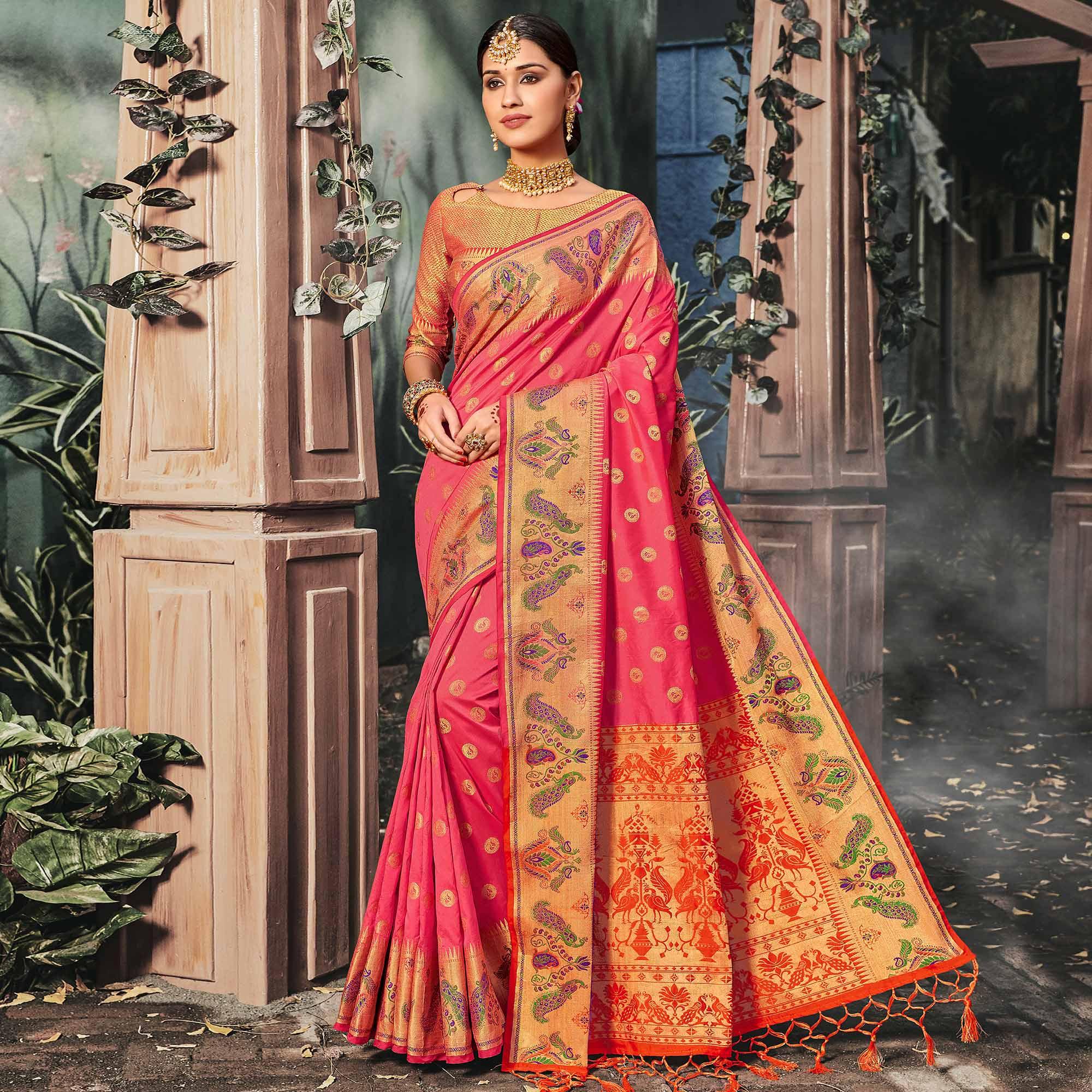 Pleasance Peach Coloured Woven Festive Wear Banarasi Silk Saree - Peachmode