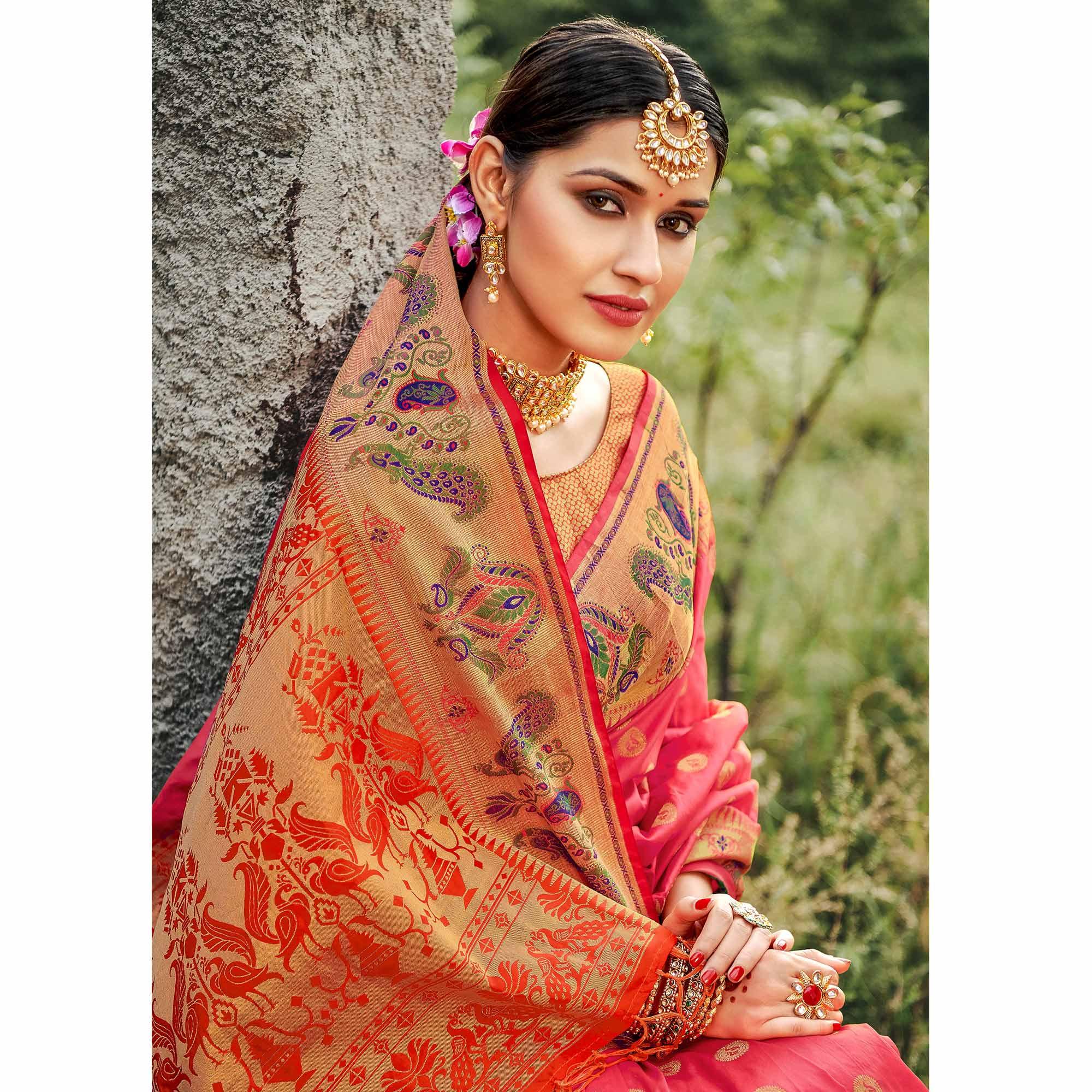 Pleasance Peach Coloured Woven Festive Wear Banarasi Silk Saree - Peachmode