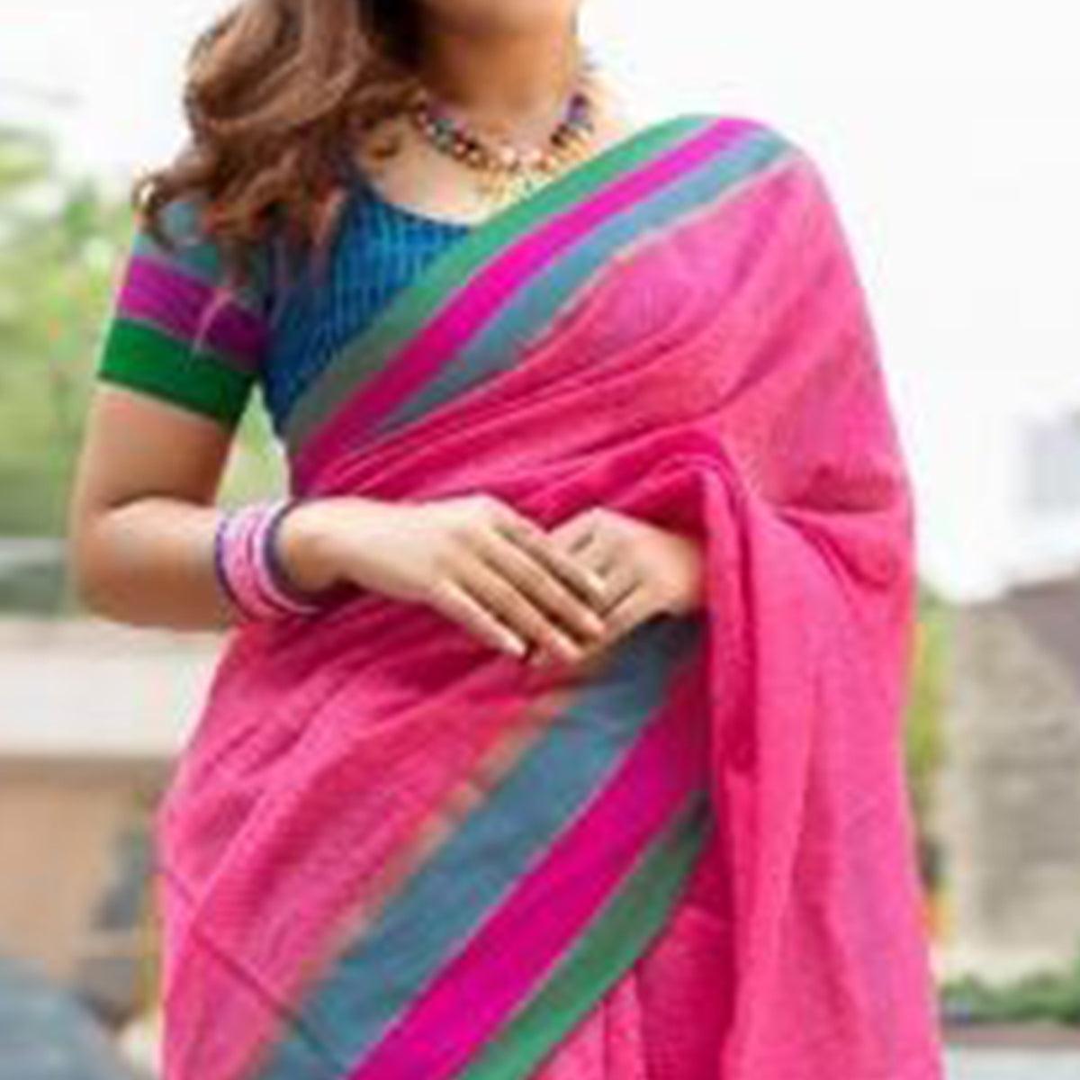 Pleasance Pink Colored Festive Wear Woven Cotton Saree - Peachmode