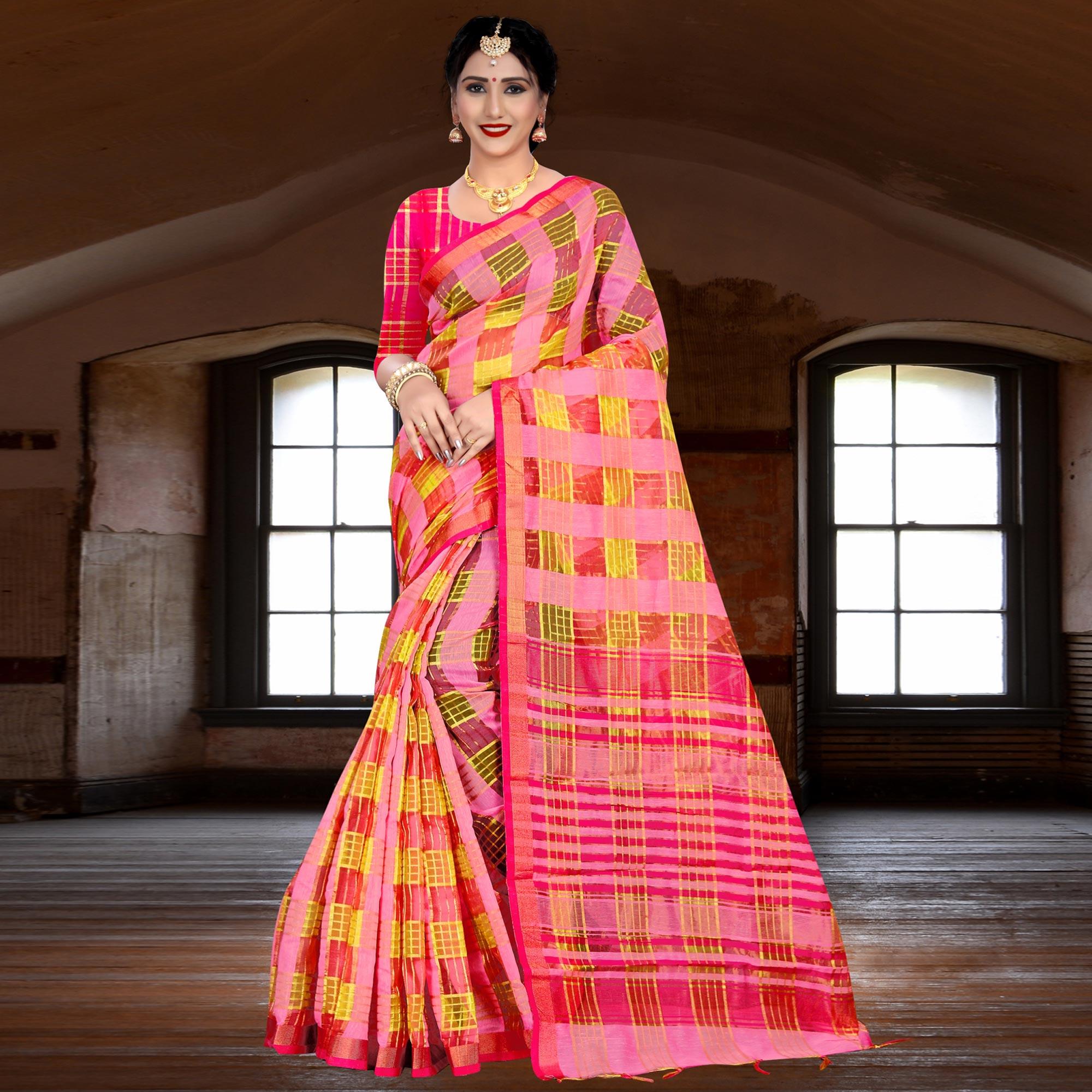 Pleasance Pink Colored Festive Wear Woven Linen Saree - Peachmode