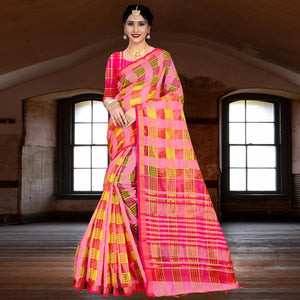 Pleasance Pink Colored Festive Wear Woven Linen Saree - Peachmode