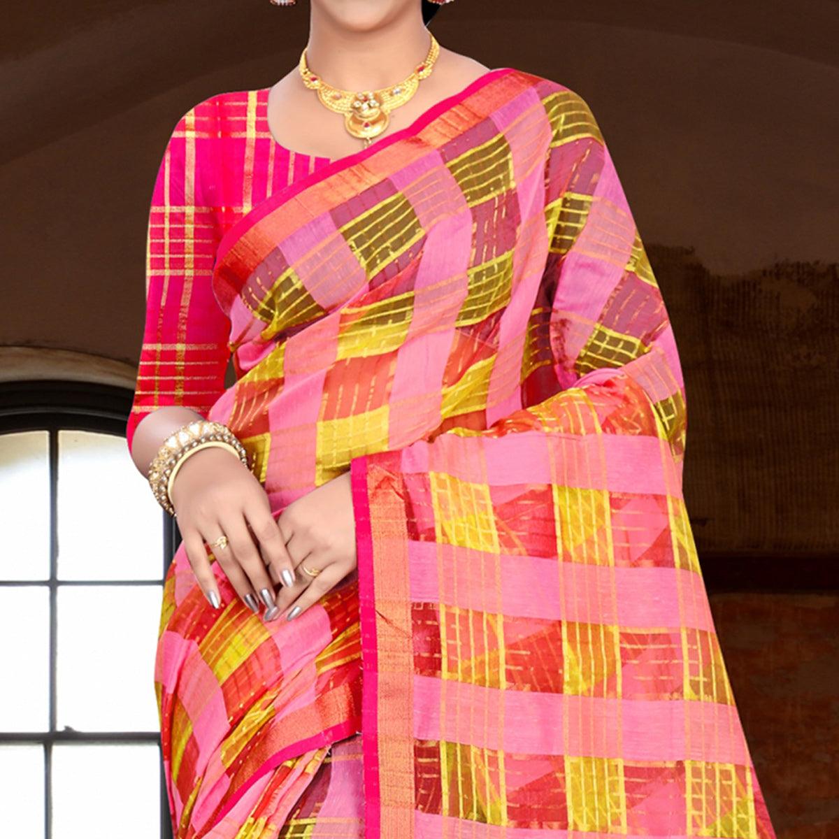 Pleasance Pink Colored Festive Wear Woven Linen Saree - Peachmode