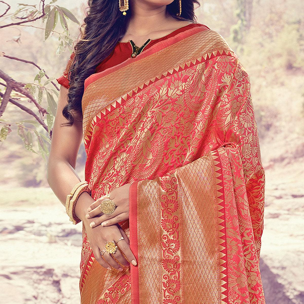 Pleasance Pink Colored Festive Wear Woven Silk Saree - Peachmode