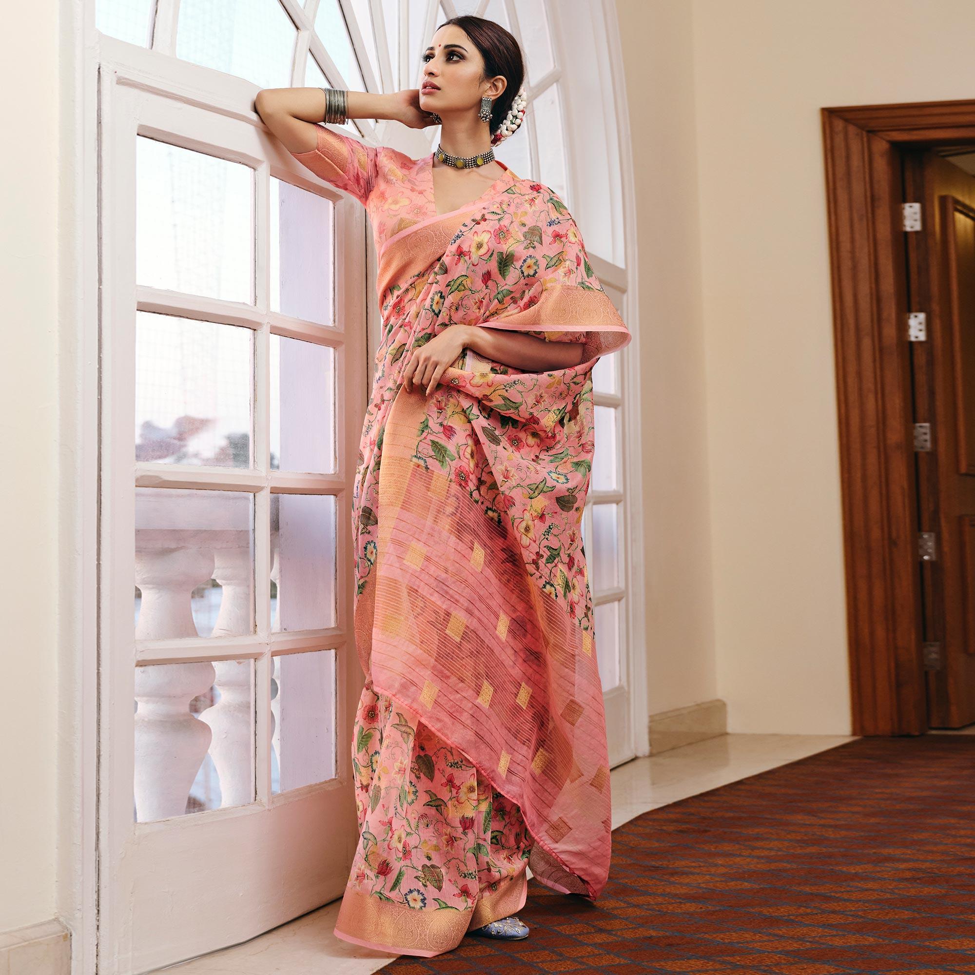 Pleasance Pink Colored Party Wear Digital Printed Linen Saree - Peachmode